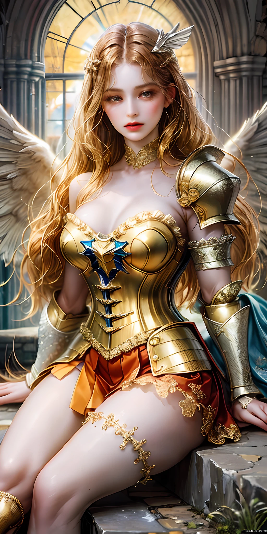 Peerless woman, blonde hair and long hair, inextricably stranded, beautiful figure, graceful curves, plump ideal type, small breasts, gold armor, pleated skirt with fishtail, calves, shoulder armor, cuirass, arm armor, elbow armor, leg armor, elegant, extravagant artistic acts, romanticism, (fractal art), vibrant colors, sun glare smooth skin, professional photography close-up, brutalist design, vivid colors, the most beautiful chaotic forms, colorful, multicolorful, from the front, front view, golden wings, castle ruins, forked legs, Sit