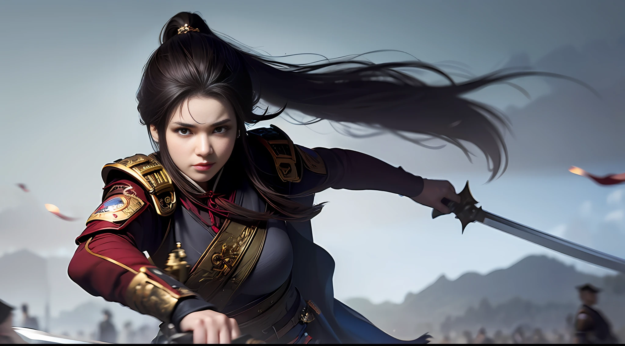 1 woman, delicate face, gray pupils, scratched face, ancient Chinese battlefield, hand holding sword to kill to impress scene, anger, wind, gunsmoke, motion blur, half, looking at the audience, masterpiece, best quality, 32k