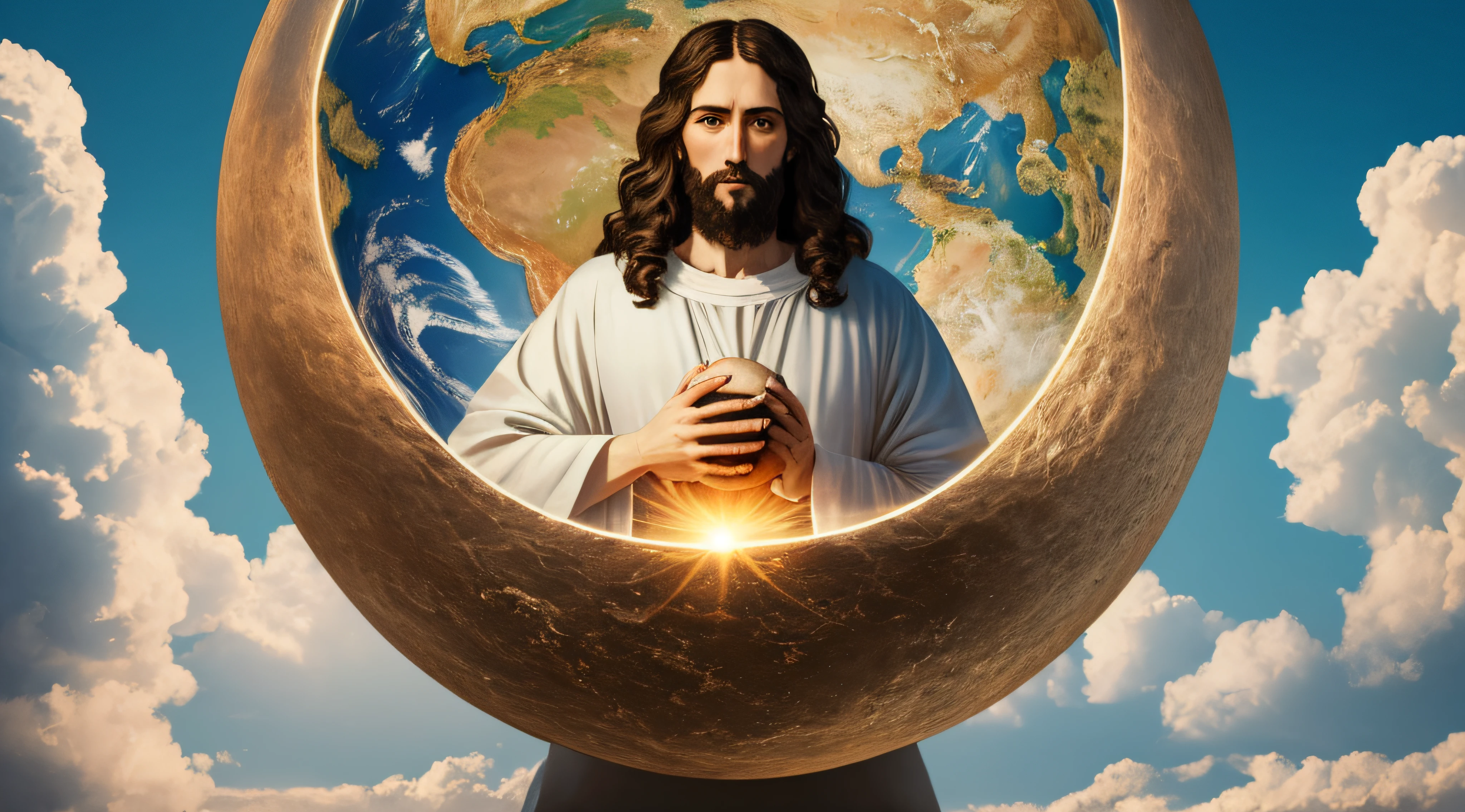 "Realistic 8k masterpiece with perfect anatomy: Jesus Christ holding planet Earth in one hand, with an undeformed face."