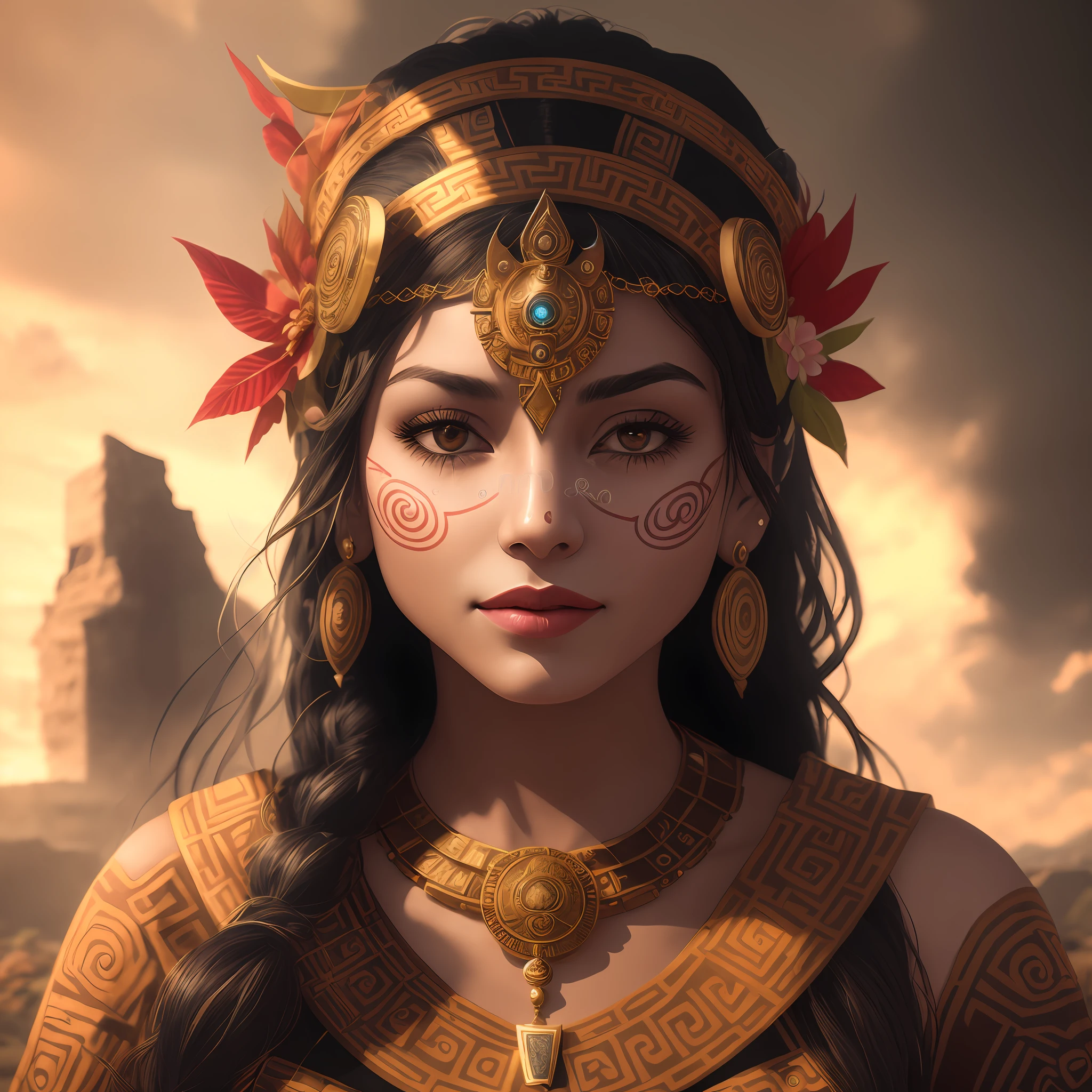 There is a woman with dark eyes, wearing a headdress and necklace, portrait of Aztec princess, portrait of Aztec Darna, Aztec queen, Aztec empress, goddess. Extremely high detail, stunning portrait of a realistic Aztec woman, full length portrait, Mayan priestess, ancient princess Libu, smiling, 3D render 8K character art, by Lee Jeffries Nikon D850 Film Stock Photography 4 camera Kodak Portra 400 camera f1.6 lens rich colors realistic texture hyperrealistic dramatic lighting unrealengine trend in artstation cinestill 800 tungsten,