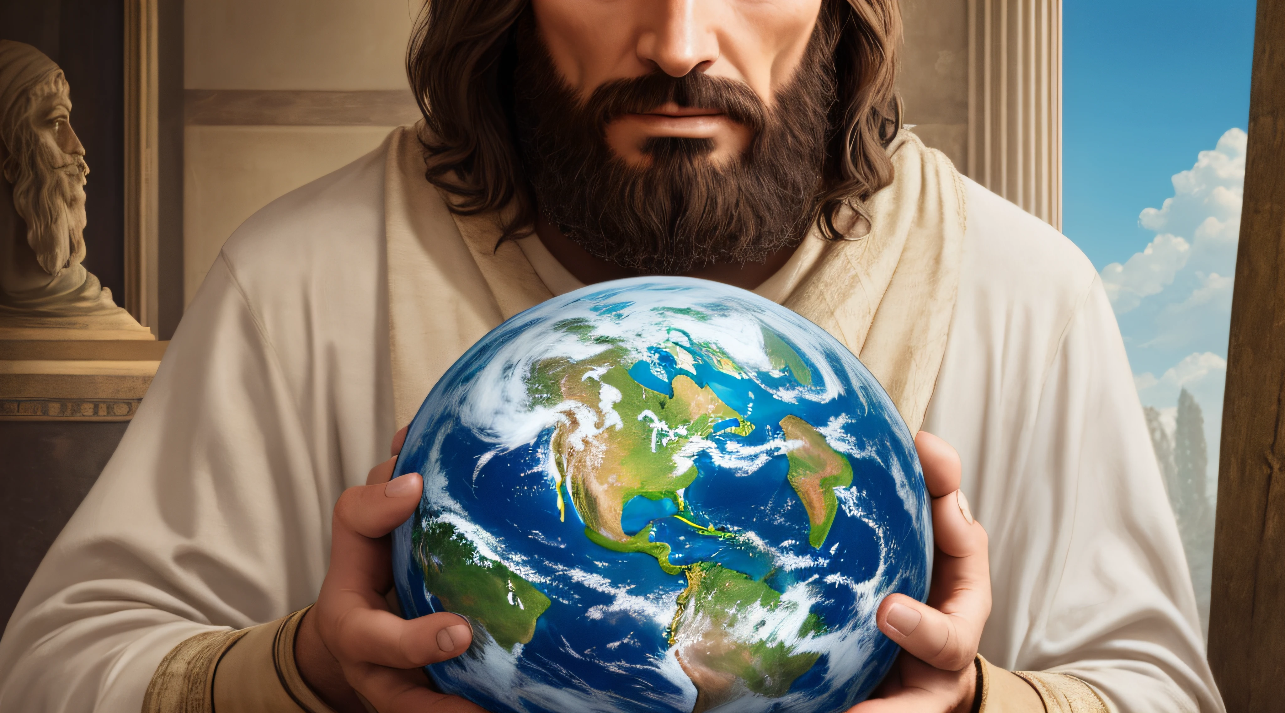 "Realistic 8k masterpiece with perfect anatomy: Jesus Christ holding planet Earth in one hand, with an undeformed face."