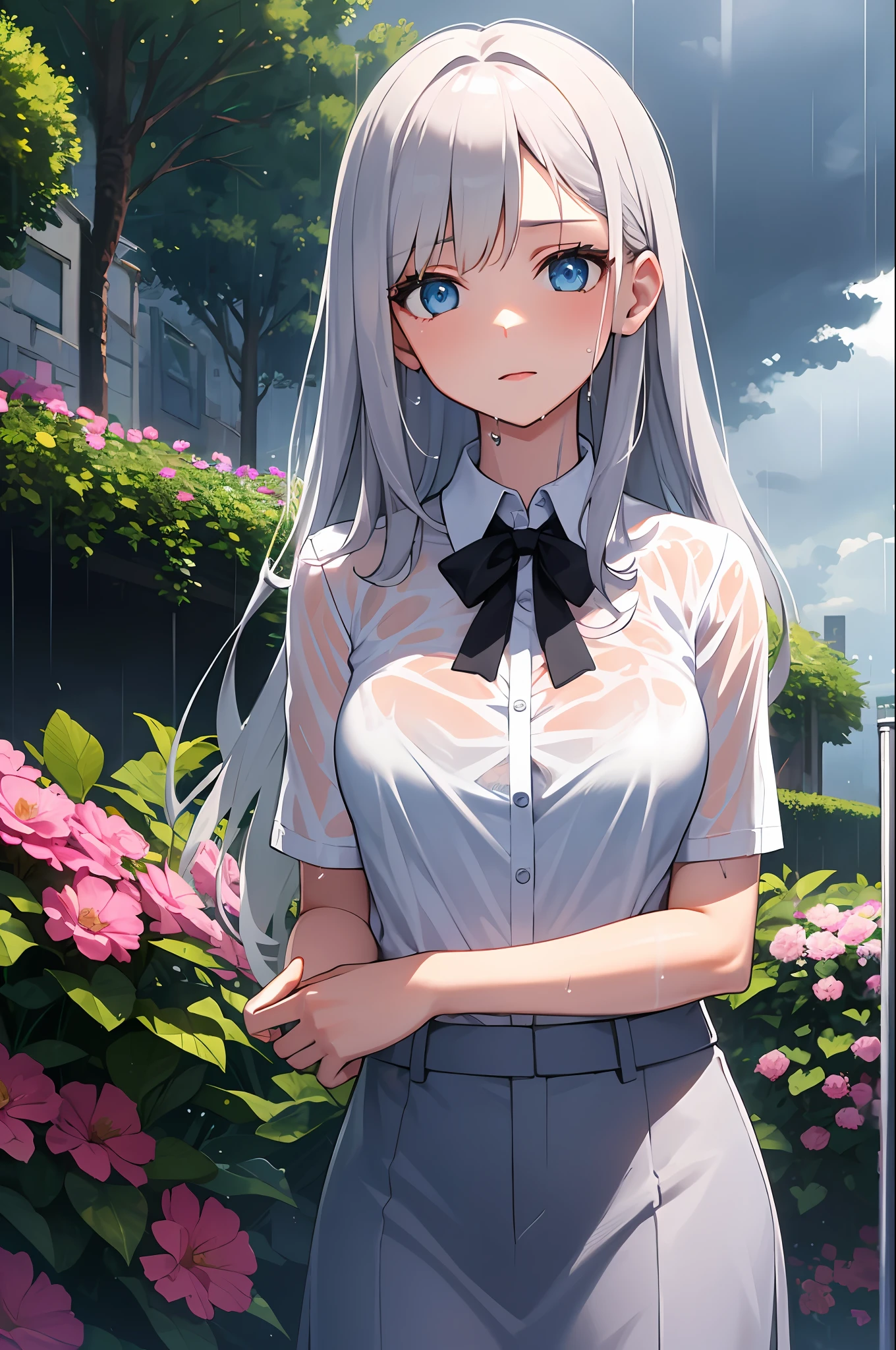 masterpiece, Best quality, 1girl, From the front, Silver hair, Long hair, Blue eyes, Rain, View viewer, (wet shirt), Uniform, White shirt, Outdoors, Flowers, Cloudy sky,