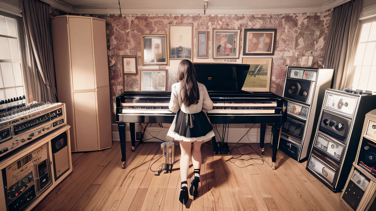 Woman playing piano in a quiet garden. --auto