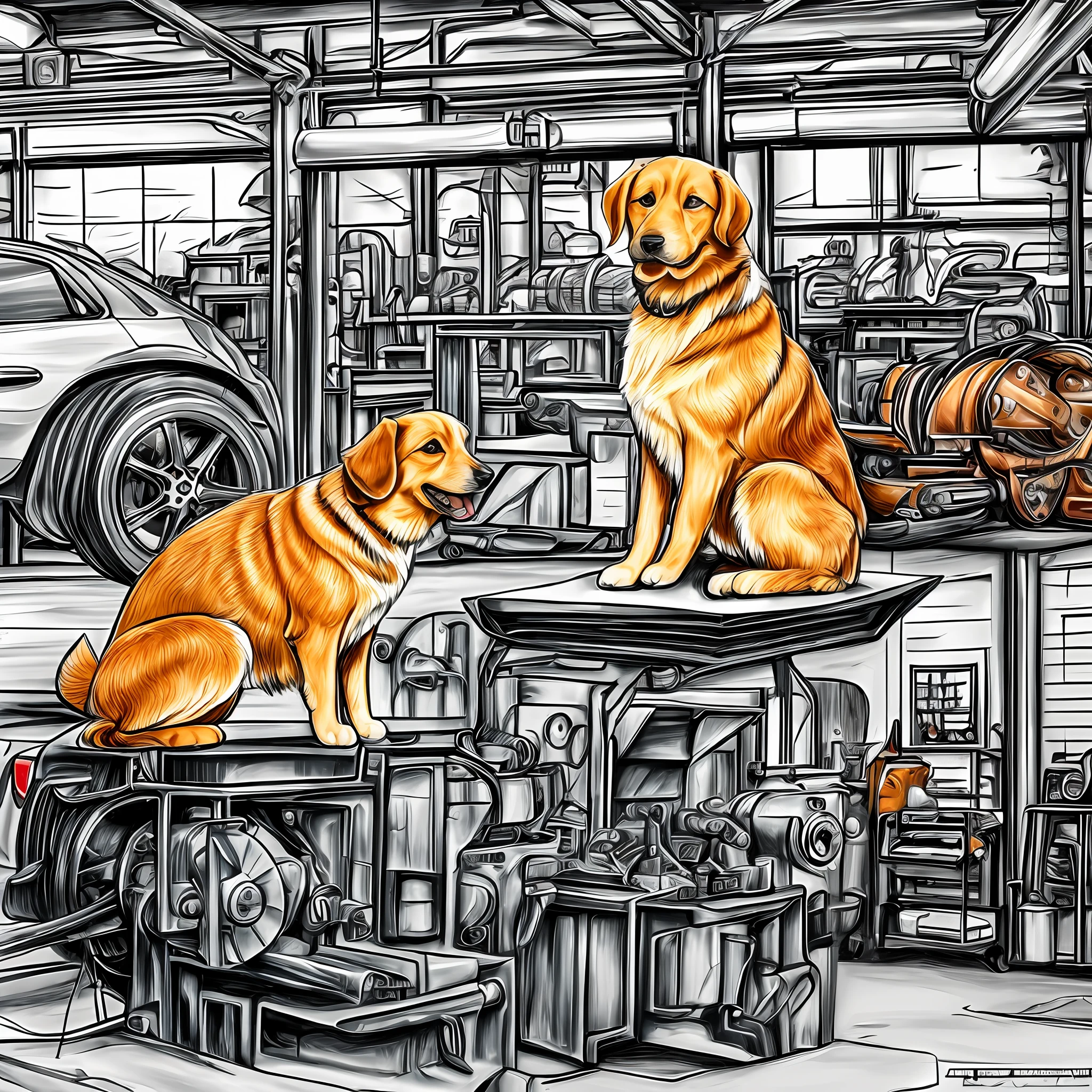 Draw a Yorkshire dog in an automotive machine shop --auto