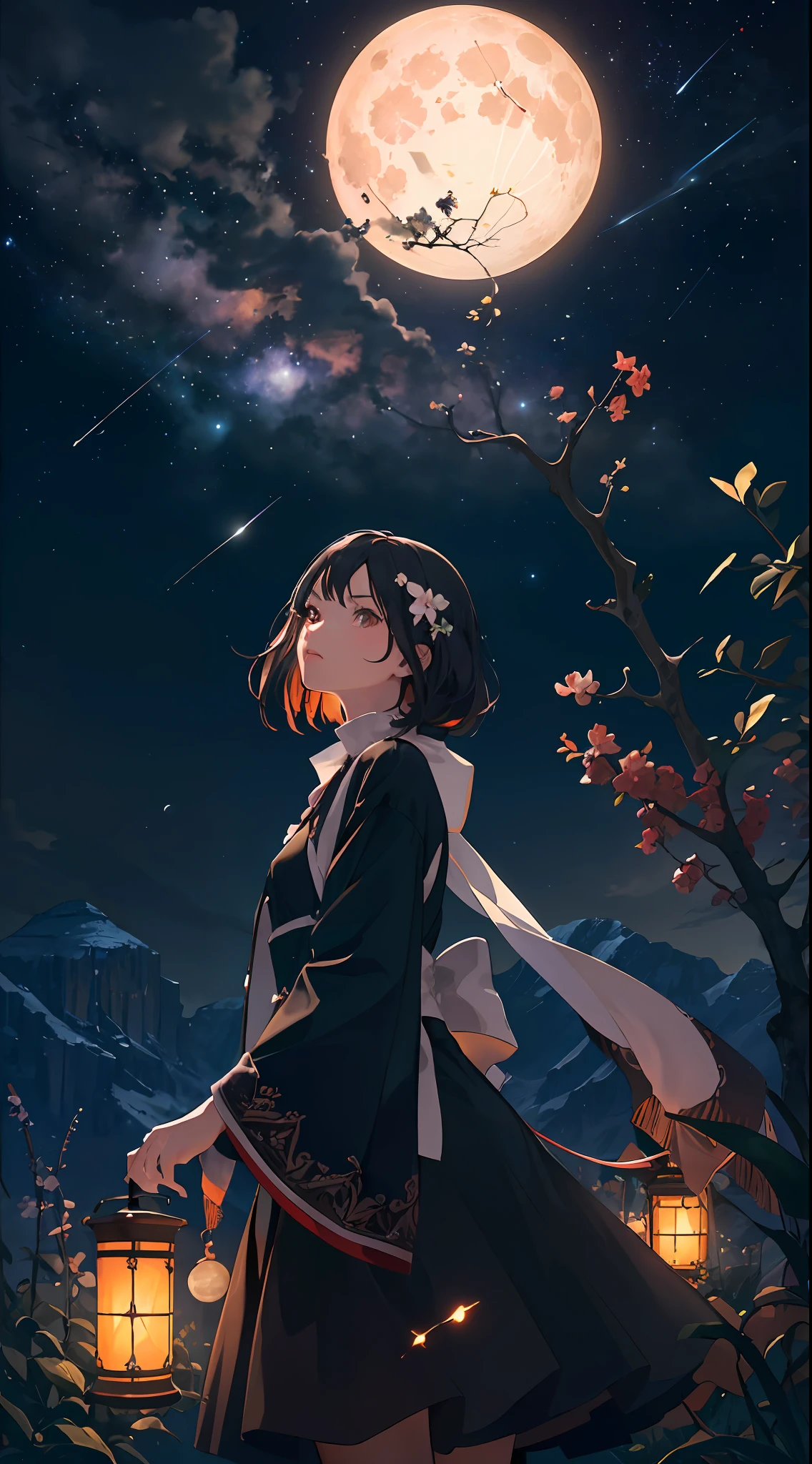 Expansive landscape photograph, (view from below with a view of the sky and wilderness below), little girl standing in a flower field looking up, (full moon: 1.2), (shooting star: 0.9), (nebula: 1.3), distant mountain, tree break production art, (warm light source: 1.2), (firefly: 1.2), lamp, purple and orange, intricate detail, volume lighting, realism break (masterpiece: 1.2) (Best Quality), 4K, Ultra-Detailed, (Dynamic Configuration: 1.4), Highly Detailed and Colorful Details, (Iridescent Colors: 1.2), (Glowing Lighting, Atmospheric Lighting), Dreamy, Magical, (Solo: 1.2)