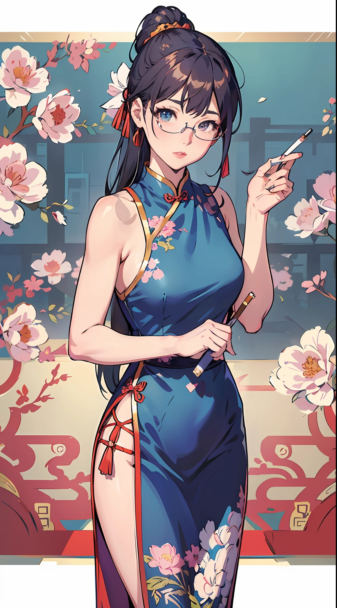 a woman in a blue dress holding a cigarette and a cigarette, extremely detailed artgerm, seductive anime girl, style artgerm, beautiful alluring anime woman, cute anime waifu in a nice dress, in a blue qipao, style of artgerm, cheongsam, artgerm lau, range murata and artgerm, chinese dress