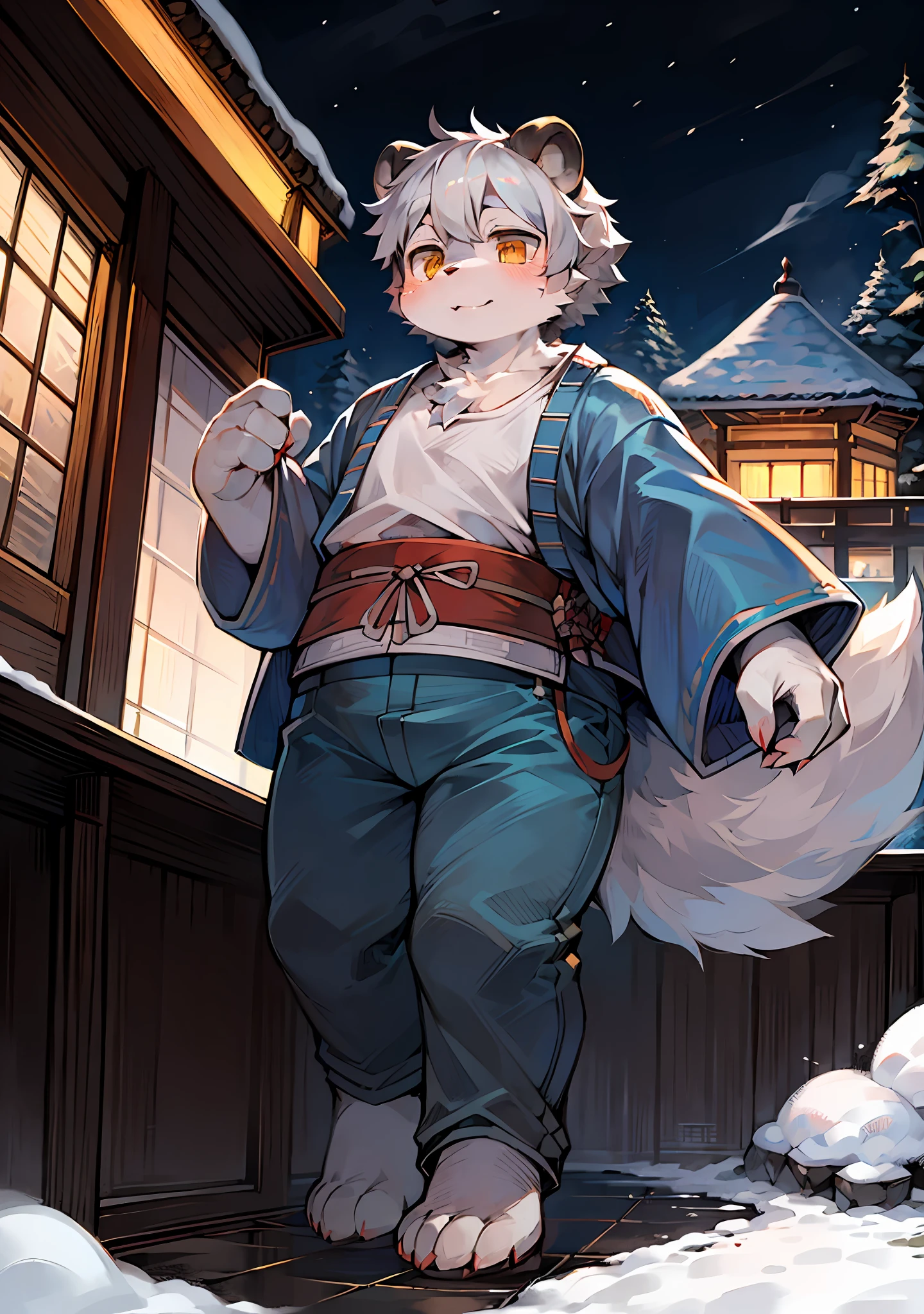 masterpiece, high quality, abstract res, digital painting\(artwork\), by dagasi, yupa, kiyosan, (anthro, fluffy fur, character focus:1.1), anthro male panda, short hair, portrait, night, snow, Bright Eyes, Panorama, Japanese Garden, Pool Side, Outdoor, Character Focus, Solo, Furry, Furry Male, Panda, Obese, Male Focus, Anthr, (Full Body Fur, Fluffy Tail, Short Tail, White Fur, Golden Eyes, Gray Hair), (Carnivorous Bears, Samurai), White Top, Blue Pants, Standing