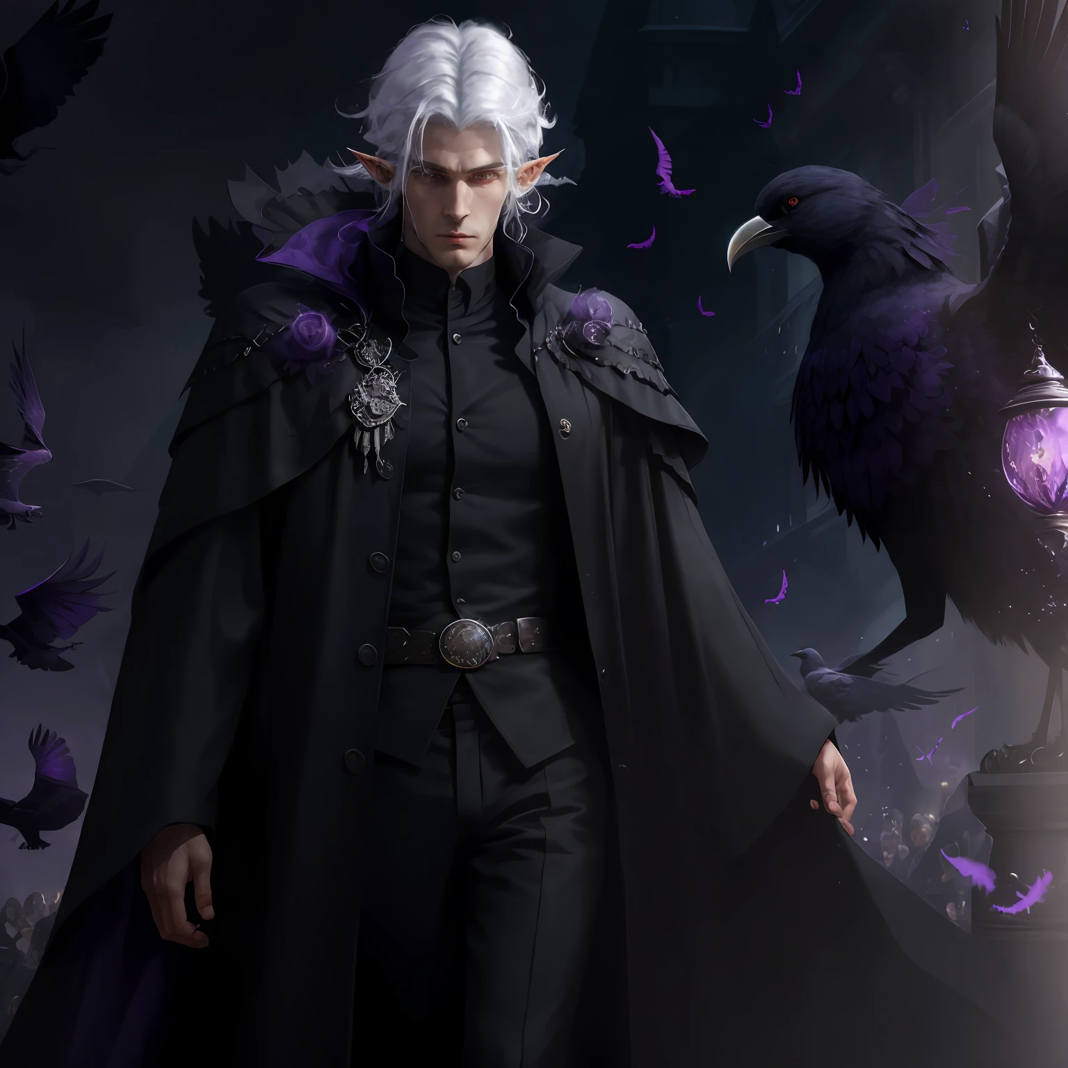 1 male, beautiful, elf, regal and imposing presence, tall, slender body, slightly hunched posture, pale ghostly skin, ethereal glow, long and disheveled white hair, purple glowing eyes, elegant black attire, including a long coat adorned with purple crow symbols, ghostly shattered etehreal purple crown --auto