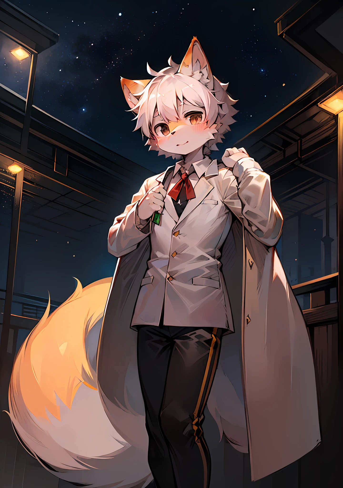 (Bright Environment: 0.8), Masterpiece, High Quality, Abstract Res, Digital Painting\(Artwork\), by Dagasi, Yupa, Kiyosan, (Anthro, Fluffy Fur, Character Focus: 1.1), Anthro Male Cat, Short Hair, Portrait , bright eyes, panorama, character focus. (Detailed background: 0.7), Furry, Furry male, Male focus, Anthr, (full body fur, big fluffy tail, white fur, black eyes: 1.2), (long canine, junior high school student, pure white trench coat: 1.2), (starry sky, golden point of light, starry sky: 1.1)