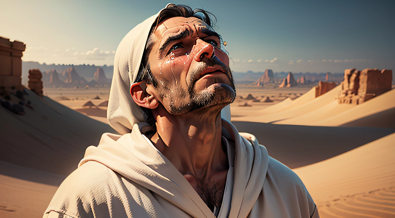 a prophet, middle-aged man wearing a white robe, praying and looking up at the sky, with an expression of sadness, with tears in his eyes, biblical scenery, desert landscape in the background, ultra HD, maximum quality, 8k, mega detailed - --auto