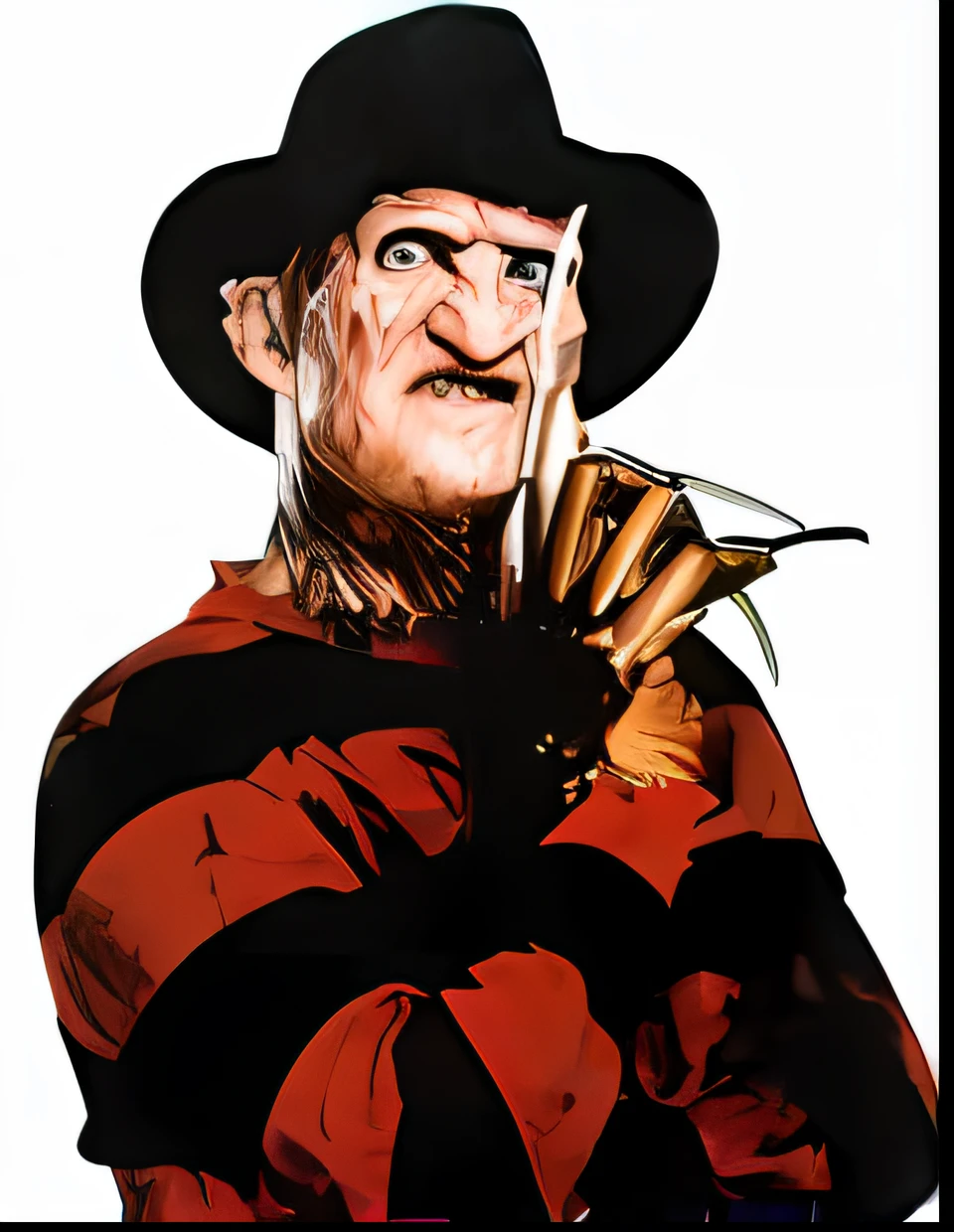 A man in red and black striped hat and shirt, Freddy Krueger, Freddy Krueger style, slasher horror movie, horror movie characters, slasher smile, horror movie movie, nightmare fuel!, iconic movie character, slasher movie, slasher, horror," Rob Bottin, menacing!, horror movie 8 0's still
