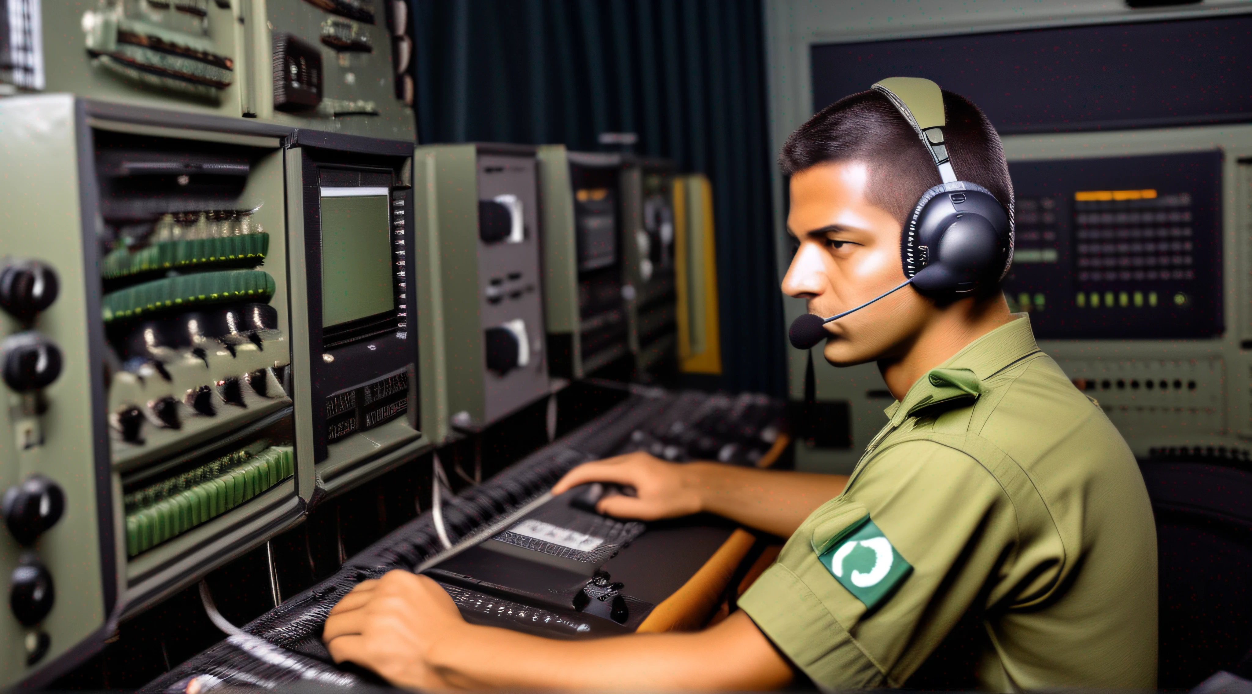 Brazilian military male operator at a communications radio station