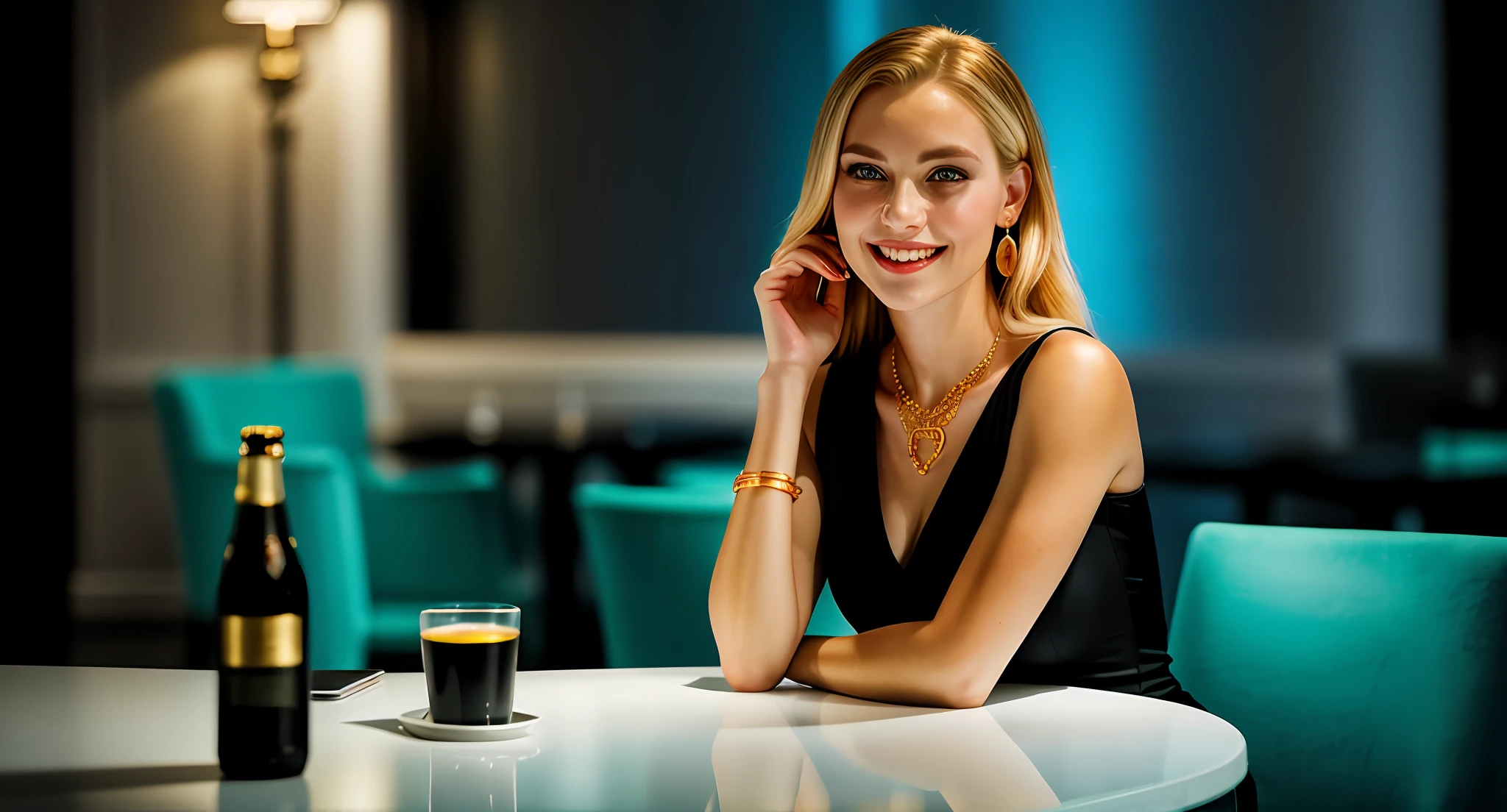 1 Caucasian woman 30 years (face with French, British, German features), long blonde hair, turquoise blue eyes, proportional body, sparkling black dress golden earrings gold necklace, looking unpretentiously at the viewer, best quality, ultra-realistic photo HD 8k detailed, sitting at the table of the Ritz in New York at night, best smile, cinematic light, natural lighting, ultra high resolution, best shadow, close-up 1:2