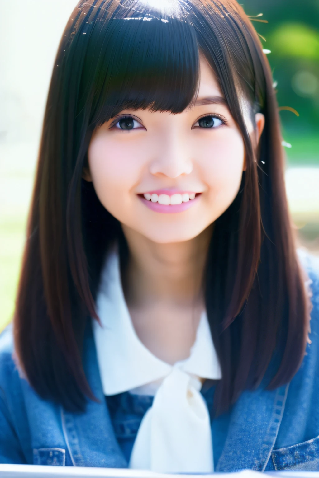 (skin spots: 1.2), (skin dentation), Black eyes, 1 female, 25 years old, (((Female))), Solo, Small face, Real, Best quality, Photorealism, Masterpiece, 8K, High resolution, Solo, Very detailed face, (Professional lighting, bokeh), (Light particles, lens flares, glowing particles: 0.6), (Dynamic pose: 1.2), Soft lighting, Top angle view, fashionable and trendy, Japan, street, Tokyo, Minato, Skytree, Tokyo Tower, (daytime)), sky, ((Viewer: 1)), (Watch Viewer:1)), (Look at the camera), (Portrait: 0.6), cowboy shot, gorgeous, standing, keep the original facial proportions, wide shoulders, full body, (medium breasted), (medium hair), brown hair, floating hair, lips, floating hair, smile, open_mouth, teeth, blouse, eyelashes, small face