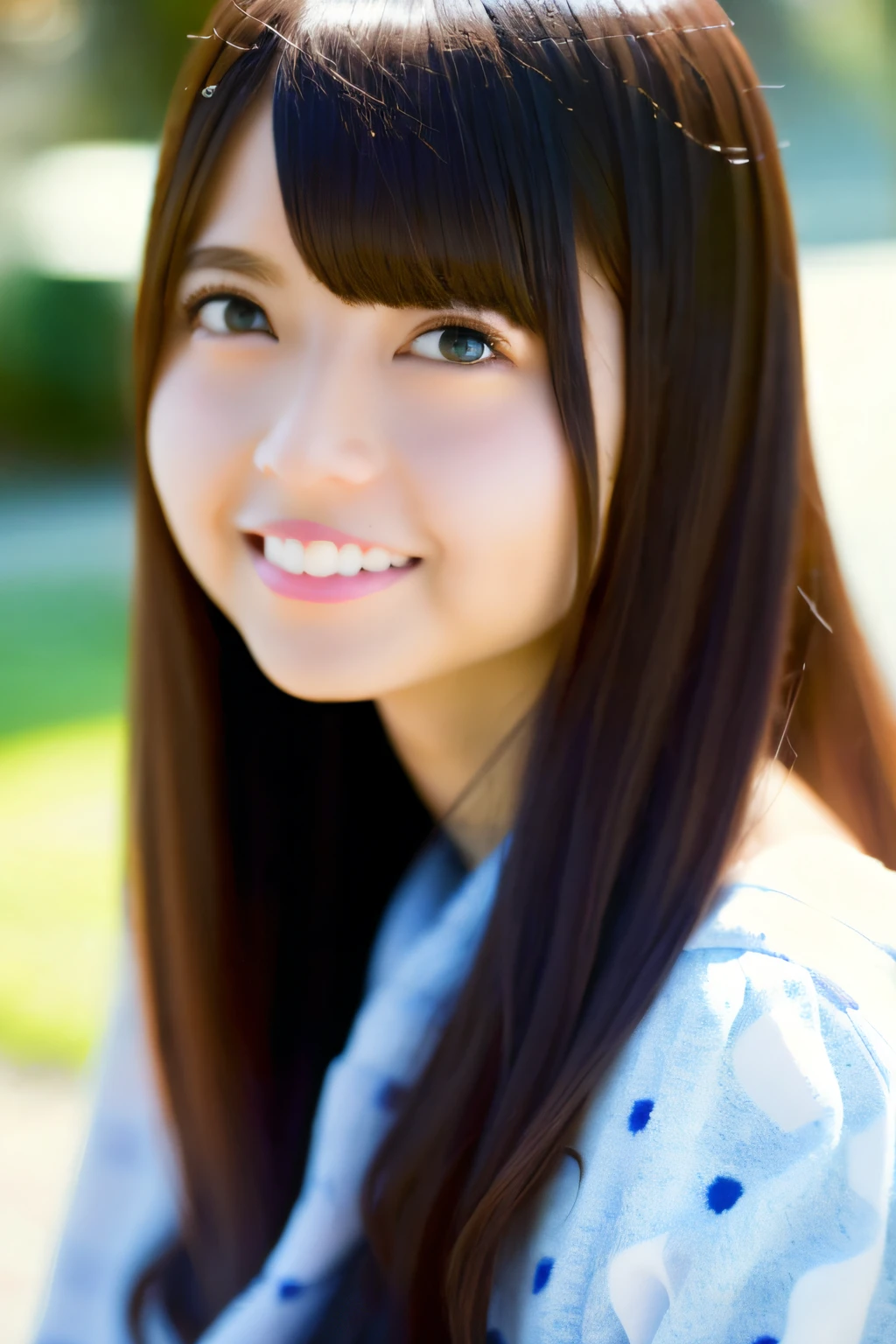 (skin spots: 1.2), (skin dentation), Black eyes, 1 female, 25 years old, (((Female))), Solo, Small face, Real, Best quality, Photorealism, Masterpiece, 8K, High resolution, Solo, Very detailed face, (Professional lighting, bokeh), (Light particles, lens flares, glowing particles: 0.6), (Dynamic pose: 1.2), Soft lighting, Top angle view, fashionable and trendy, Japan, street, Tokyo, Minato, Skytree, Tokyo Tower, (daytime)), sky, ((Viewer: 1)), (Watch Viewer:1)), (Look at the camera), (Portrait: 0.6), cowboy shot, gorgeous, standing, keep the original facial proportions, wide shoulders, full body, (medium breasted), (medium hair), brown hair, floating hair, lips, floating hair, smile, open_mouth, teeth, blouse, eyelashes, small face