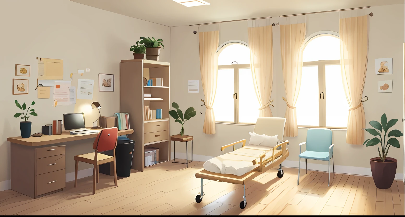 There is a doctor's office with a stretcher in the center, a table and a closet in the background, vibrant white color, window with simple beige curtain, no people