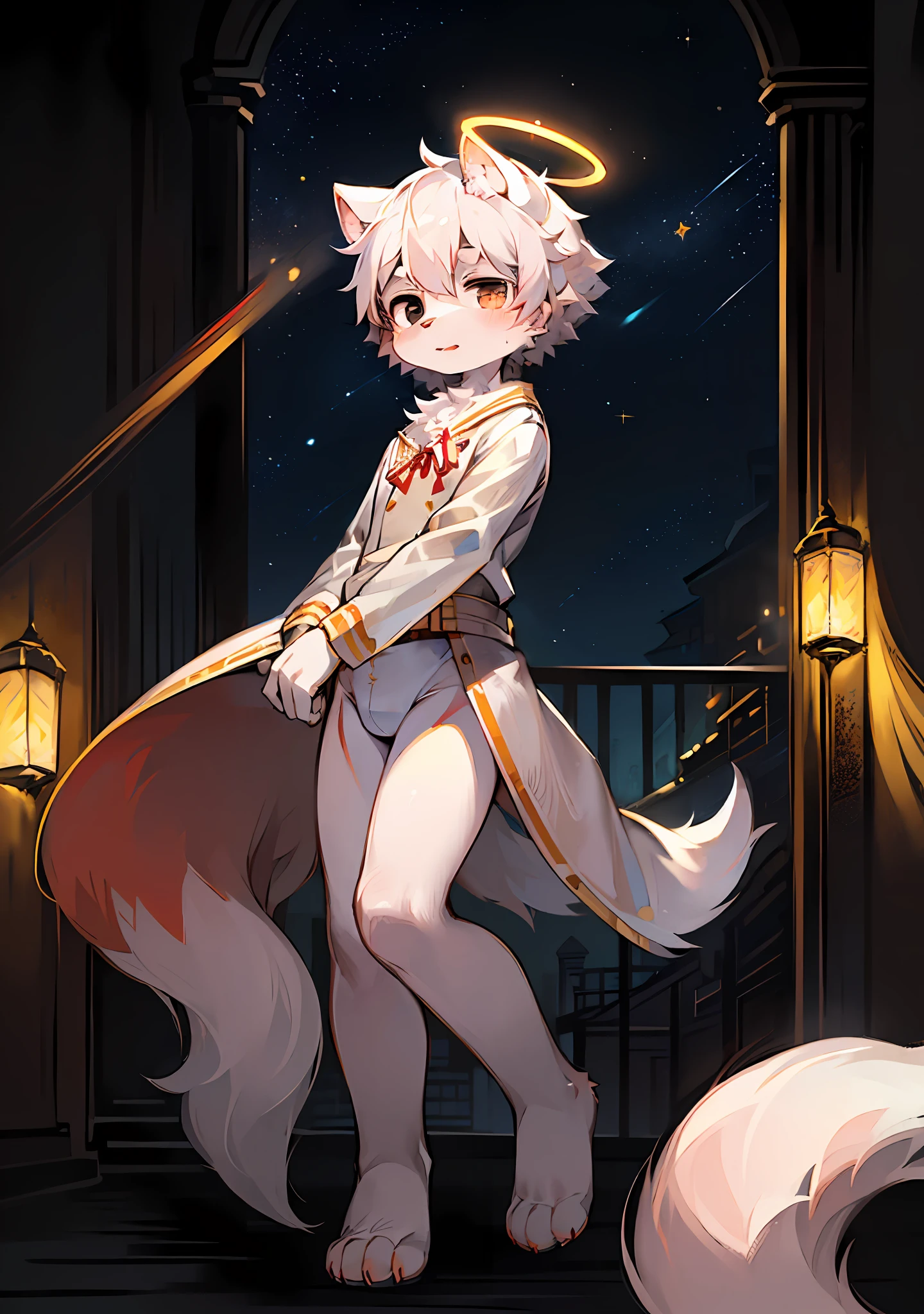 (Bright Environment: 0.8), Masterpiece, High Quality, Abstract Res, Digital Painting\(Artwork\), by Dagasi, Yupa, Kiyosan, (Anthro, Fluffy Fur, Character Focus: 1.1), Anthro Male Cat, Short Hair, Portrait , bright eyes, panorama, character focus. (Detailed background: 0.7), Furry, Furry male, Male focus, Anthr, (full body fur, fluffy tail, white fur, black eyes: 1.2), (long canine, junior high school student, pure white costume: 1.2), (starry sky, golden point of light, halo behind you: 1.1)