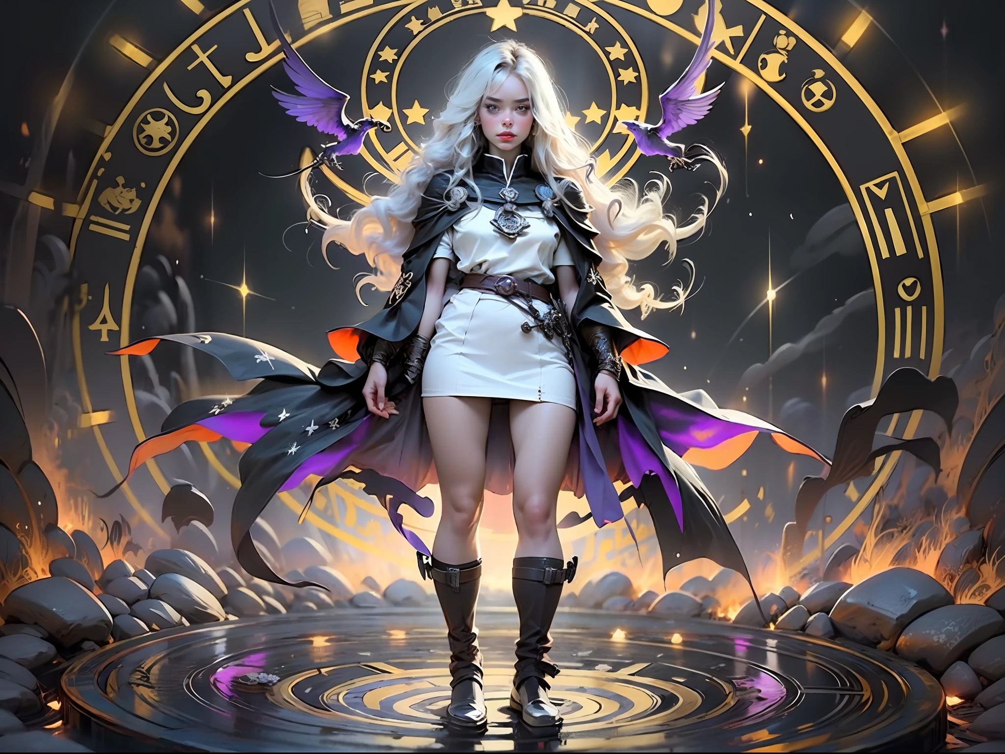 (((extremely detailed face))),(((best quality)))1 woman, 8k, a beautiful blonde sorceress in black clothing, black cape with purple details and high boot, standing on a platform, ((standing and front)), looking at the viewer, (extremely intricate robes, magic robes), more detail in the magic circle in the background, magic circle, casting a spell, black aura,costume cloak, spell pose, female wizard conjuring a spell, magic, purple and black, night, purple star talisman, pores detailed