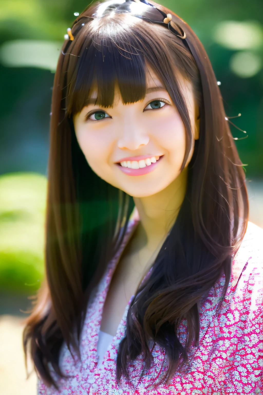 (skin spots: 1.2), (skin dentation), Black eyes, 1 female, 25 years old, ((((Female)))), Solo, Real, Best Quality, Photorealistic, Masterpiece, 8K, High Resolution, Solo, Very Detailed Face, (Professional Lighting, Bokeh), (Light particles, Lens flares, Luminous particles: 0.6), (Dynamic Pause: 1.2), Soft lighting, Top Angle View, fashionable and trendy, Japan, street, Tokyo, Minato, Skytree, Tokyo Tower, (daytime)), sky, ((Viewer: 1)), (Watch Viewer:1)), (Look at the camera), (Portrait: 0.6), cowboy shot, gorgeous, standing, keep the original facial proportions, wide shoulders, full body, (medium breasted), (medium hair), brown hair, floating hair, lips, floating hair, smile, open_mouth, teeth, blouse, (floral summer dress: 1), eyelashes, small face