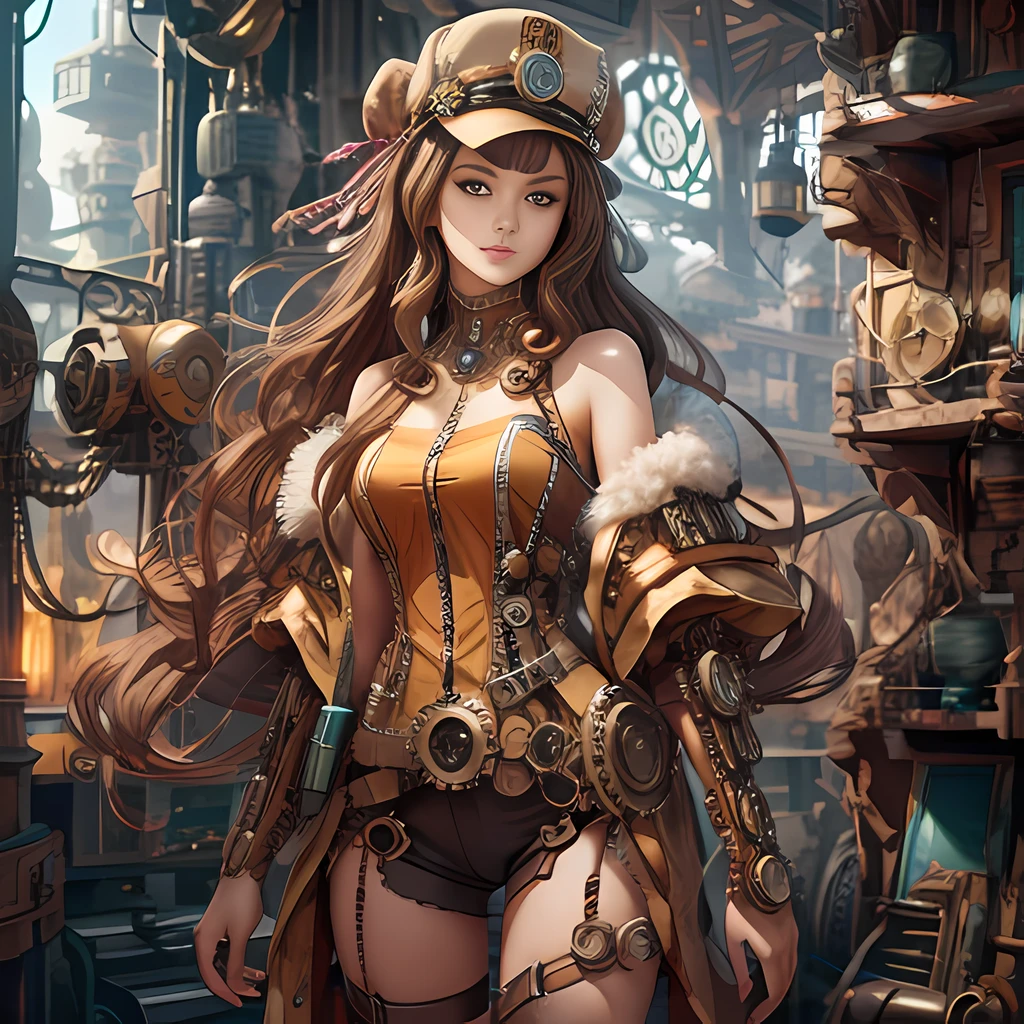 1girl, solo, long hair,  brown hair, orange eyes, looking at viewer, steampunk, meccog, picture by Pauline Baynes