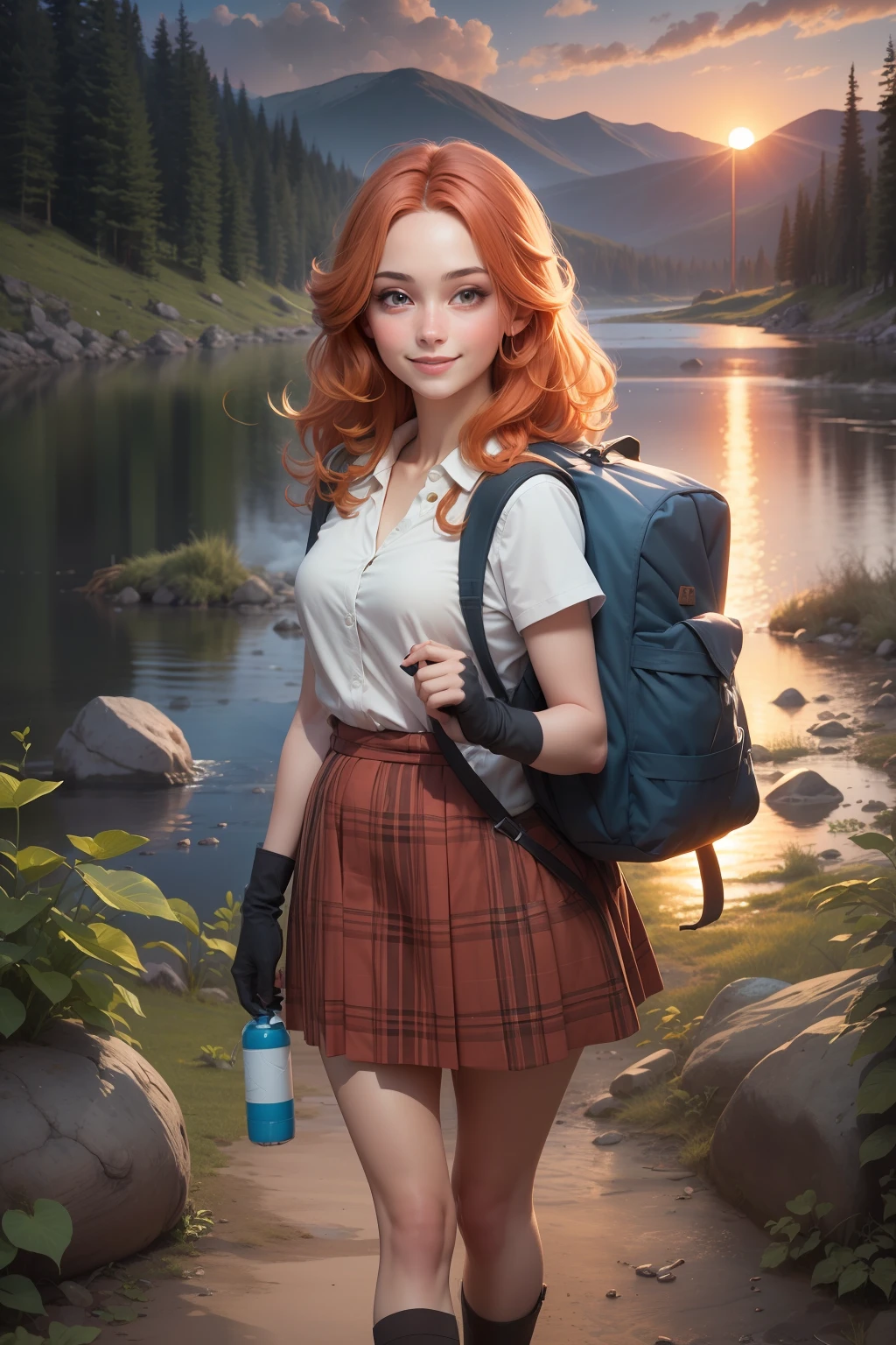 1 woman, red hair with blonde locks, skirt, cold blouse ((full body, standing, back, looking horizon, smiling, happy)), masterpiece, best quality, perfect eyes, perfect hands, perfect legs, ultra-detailed, solo, outdoor, (sunset), mountains, nature, (stars, cloud) cheerful, happy, backpack, sleeping bag, camping stove, water bottle, tennis, gloves, lantern, forest, stones, river, wood, smoke, shadows, contrast, style, (warm hue, warm tone: 1.2), cinematic light, side lighting, ultra high resolution, best shade, RAW, wooden house, campfire