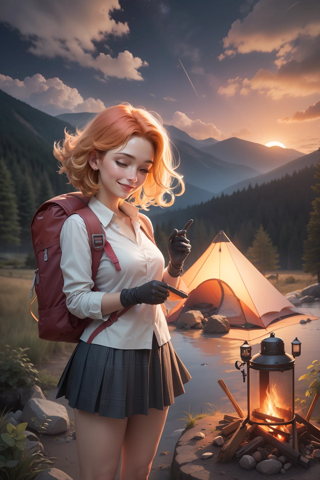 1 woman, red hair with blonde locks, skirt, cold blouse ((full body, standing, back, looking horizon, smiling, happy)), masterpiece, best quality, perfect eyes, perfect hands, perfect legs, ultra-detailed, solo, outdoor, (sunset), mountains, nature, (stars, cloud) cheerful, happy, backpack, sleeping bag, camping stove, water bottle, tennis, gloves, lantern, forest, stones, river, wood, smoke, shadows, contrast, style, (warm hue, warm tone: 1.2), cinematic light, side lighting, ultra high resolution, best shade, RAW, wooden house, campfire