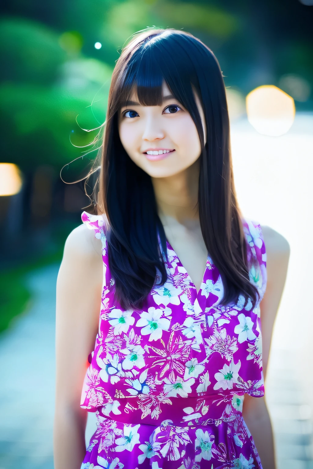 (skin spots: 1.2), (skin dentation), Black eyes, 1 female, 25 years old, ((((Female)))), Solo, Real, Best Quality, Photorealistic, Masterpiece, 8K, High Resolution, Solo, Very Detailed Face, (Professional Lighting, Bokeh), (Light particles, Lens flares, Luminous particles: 0.6), (Dynamic Pause: 1.2), Soft lighting, Top Angle View, fashionable and trendy, Japan, street, Tokyo, Minato, Skytree, Tokyo Tower, (daytime)), Sky, ((Viewers: 1)), (Watch Camera), (Portrait: 0.6), Cowboy shot, gorgeous, standing, keep original facial proportions, wide shoulders, full body, (medium breasted), (medium hair), brown hair, floating hair, lips, lipstickseductive smile, floating hair, smile, open_mouth, teeth, blouse, (floral summer dress: 1), eyelashes,