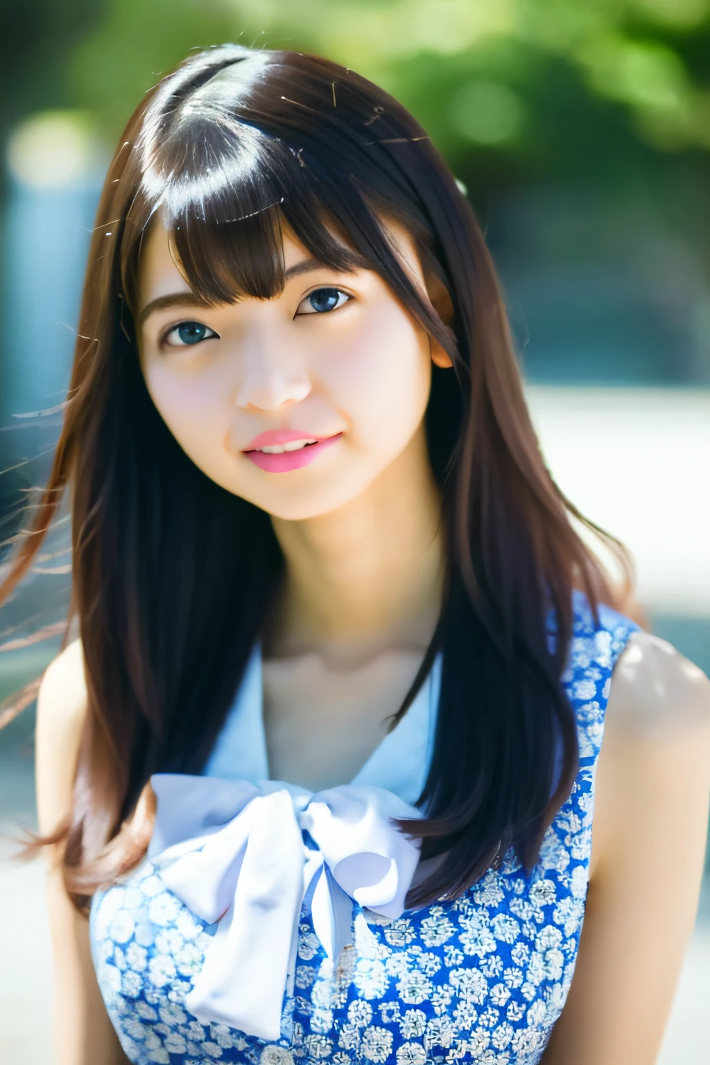 (skin spots: 1.2), (skin dentation), Black eyes, 1 female, 25 years old, ((((Female)))), Solo, Real, Best Quality, Photorealistic, Masterpiece, 8K, High Resolution, Solo, Very Detailed Face, (Professional Lighting, Bokeh), (Light particles, Lens flares, Luminous particles: 0.6), (Dynamic Pause: 1.2), Soft lighting, Top Angle View, fashionable and trendy, Japan, street, Tokyo, Minato, Skytree, Tokyo Tower, (daytime)), Sky, ((Viewers: 1)), (Watch Camera), (Portrait: 0.6), Cowboy shot, gorgeous, standing, keep original facial proportions, wide shoulders, full body, (medium breasted), (medium hair), brown hair, floating hair, lips, lipstickseductive smile, floating hair, smile, open_mouth, teeth, blouse, (floral summer dress: 1), eyelashes,