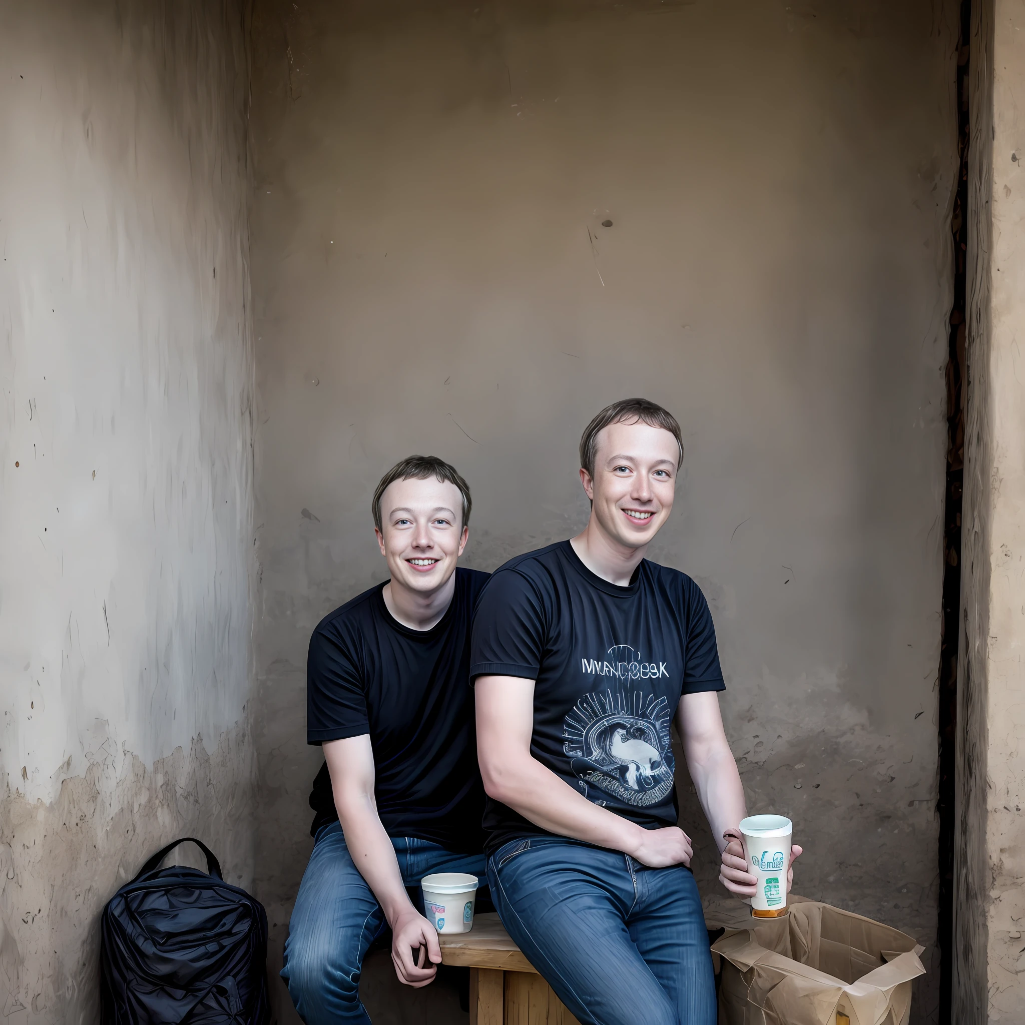 Elon musk and Mark Zuckerberg completely drunk living in poverty in the interior of Brazil, 8k, RAW photo, masterpiece, realistic, realism, ultra realistic, incredibly real, perfection in detail, clarity of context, perfect image, super realistic photo.