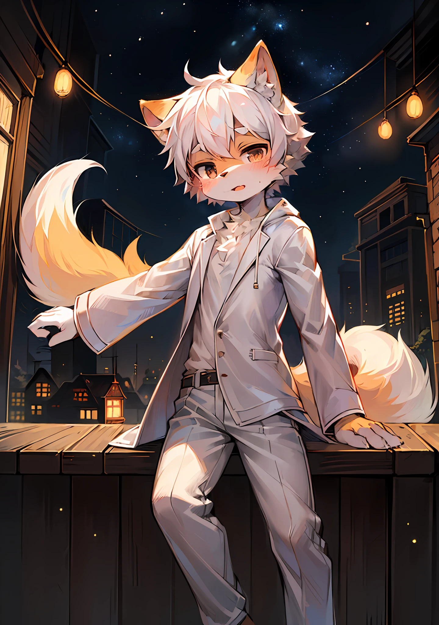 (Bright Environment: 0.8), Masterpiece, High Quality, Abstract Res, Digital Painting\(Artwork\), by Dagasi, Yupa, Kiyosan, (Anthro, Fluffy Fur, Character Focus: 1.1), Anthro Male Cat, Short Hair, Portrait , bright eyes, panorama, character focus. (Detailed background: 0.7), Furry, Furry male, Male focus, Anthr, (full body fur, big fluffy tail, white fur, black eyes: 1.2), (long canine, , pure white trench coat, white trousers, white top: 1.2), (starry sky, golden light spot, starry sky: 1.1)