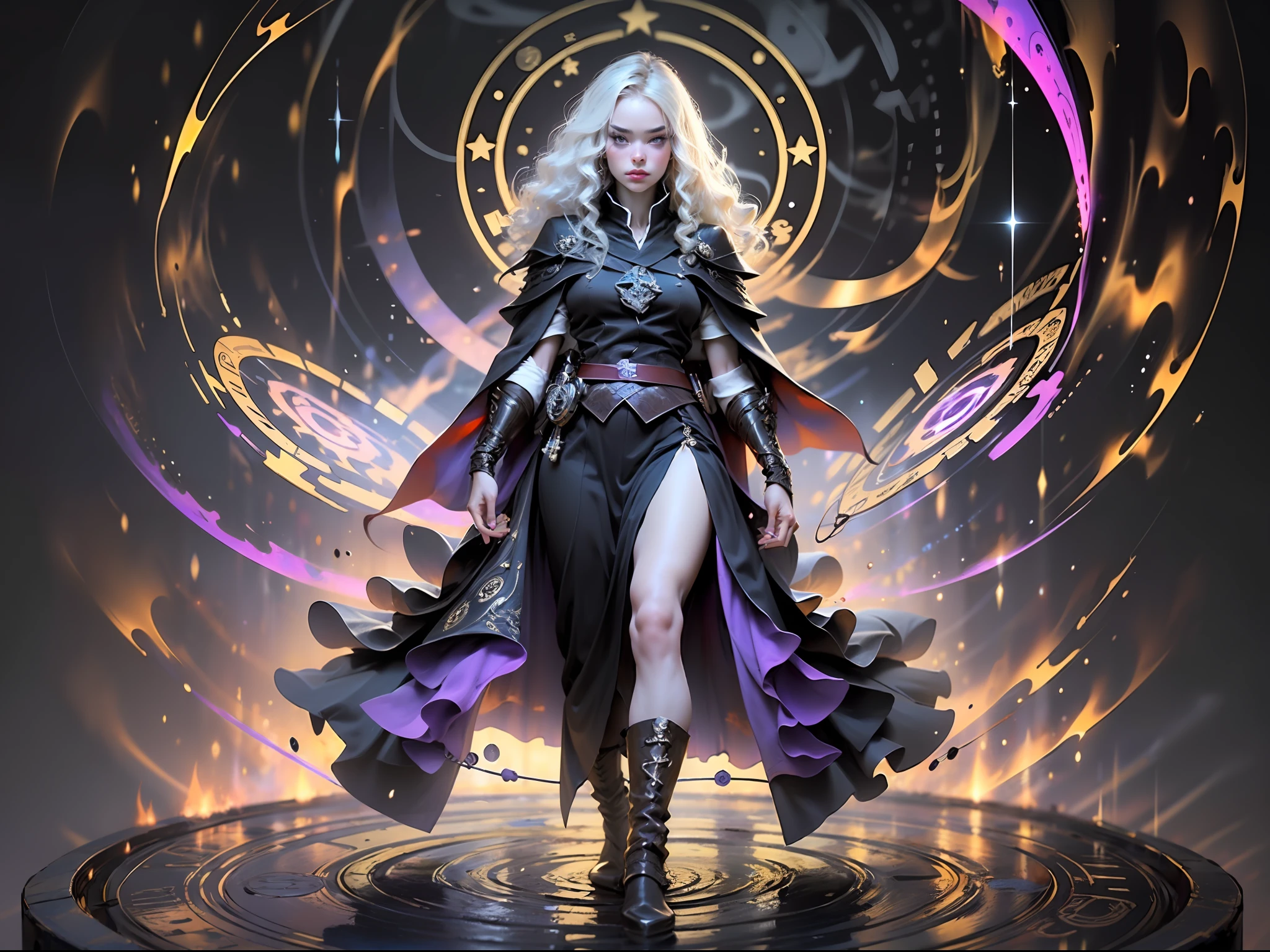 (((extremely detailed face))),(((best quality)))1 woman, 8k, a beautiful blonde sorceress in black clothing, black cape with purple details and high boot, standing on a platform, ((standing and front)), looking at the viewer, (extremely intricate robes, magic robes), more detail in the magic circle in the background, magic circle, casting a spell,  black aura,costume cloak, spell pose, female wizard conjuring a spell, magic, purple and black, night, purple star talisman, pores detailed