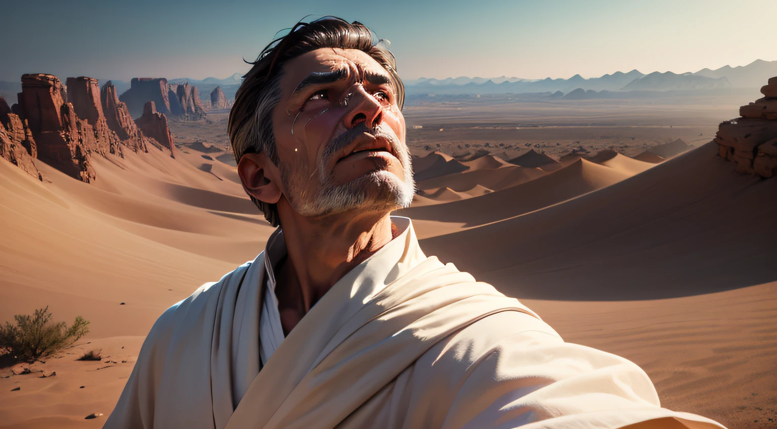 a prophet, middle-aged man wearing a white robe, praying and looking up at the sky, with an expression of sadness, with tears in his eyes, biblical scenery, on top of a mountain, desert landscape in the background, ultra HD, maximum quality, 8k, mega detailed --auto