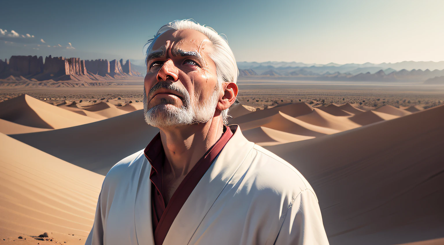 a prophet, middle-aged man wearing a white robe, praying and looking up at the sky, with an expression of sadness, with tears in his eyes, biblical scenery, on top of a mountain, desert landscape in the background, ultra HD, maximum quality, 8k, mega detailed --auto