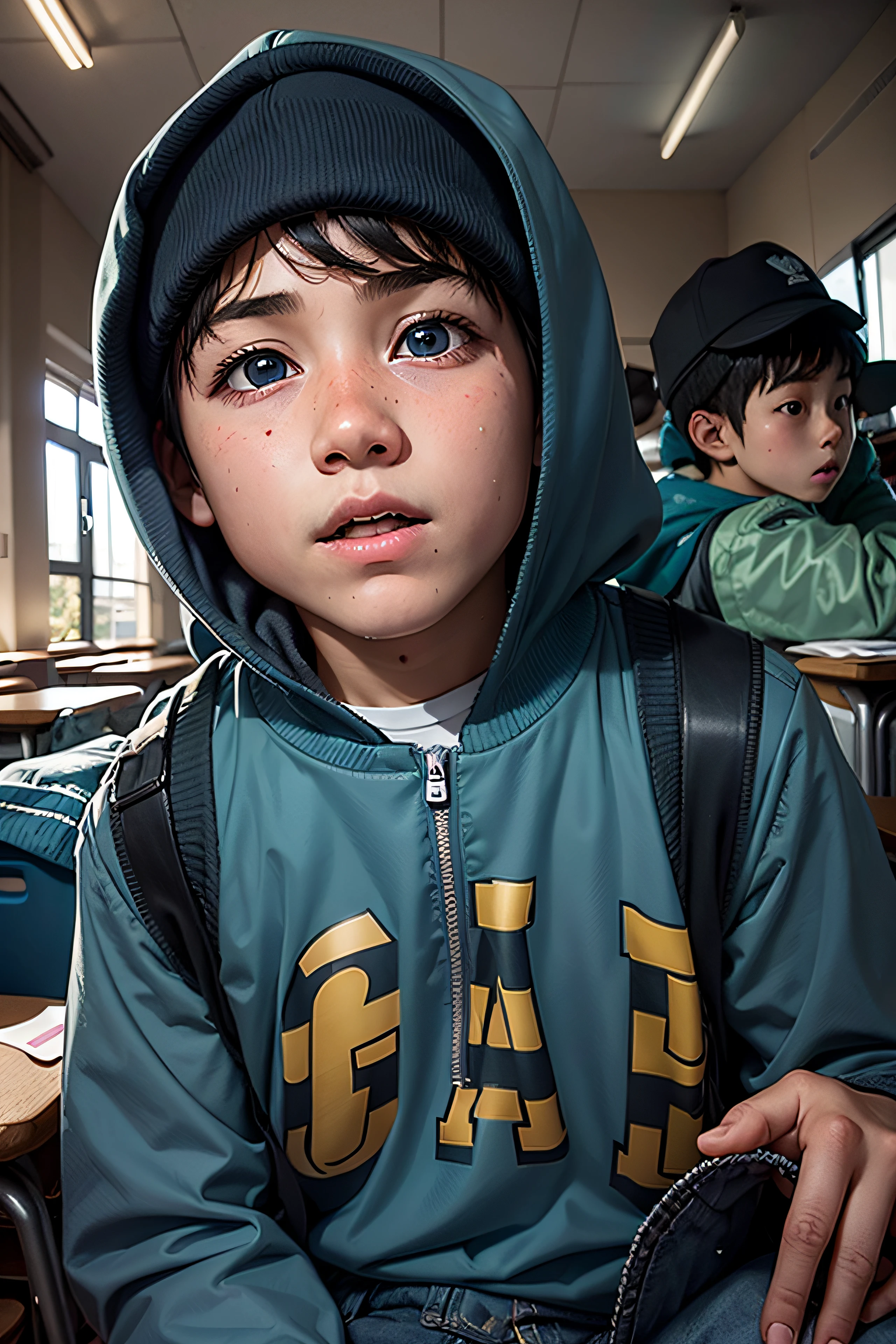 11 year old boy in a school, wearing jacket hat, blue eyes