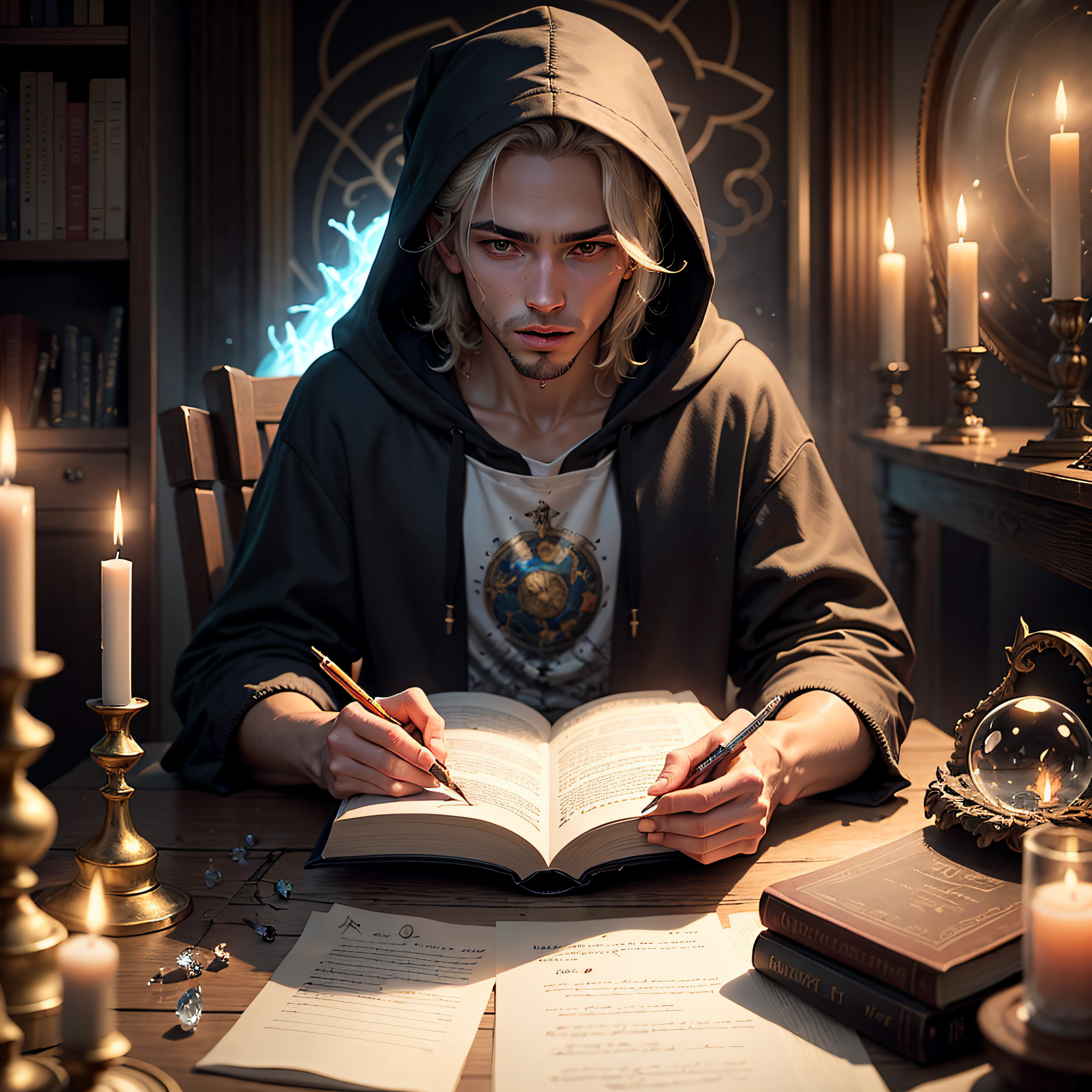 Drawing of a hooded male sorcerer sitting at a table. On the table, there is a transparent crystal ball. The sorcerer is surrounded by mystical elements such as candles, ancient books and writing instruments, big eyes, perfect mouth --auto
