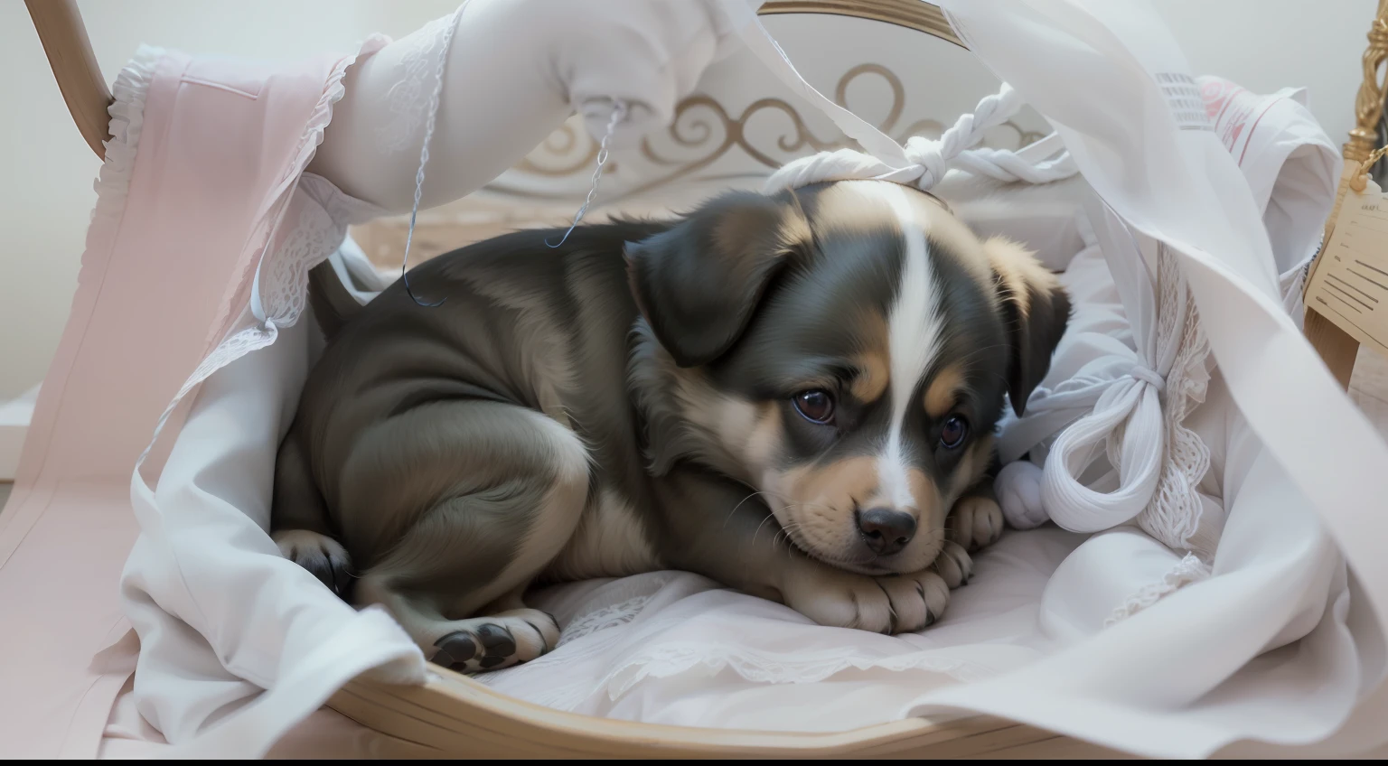 Put a ribbon with a noose on the puppy --auto