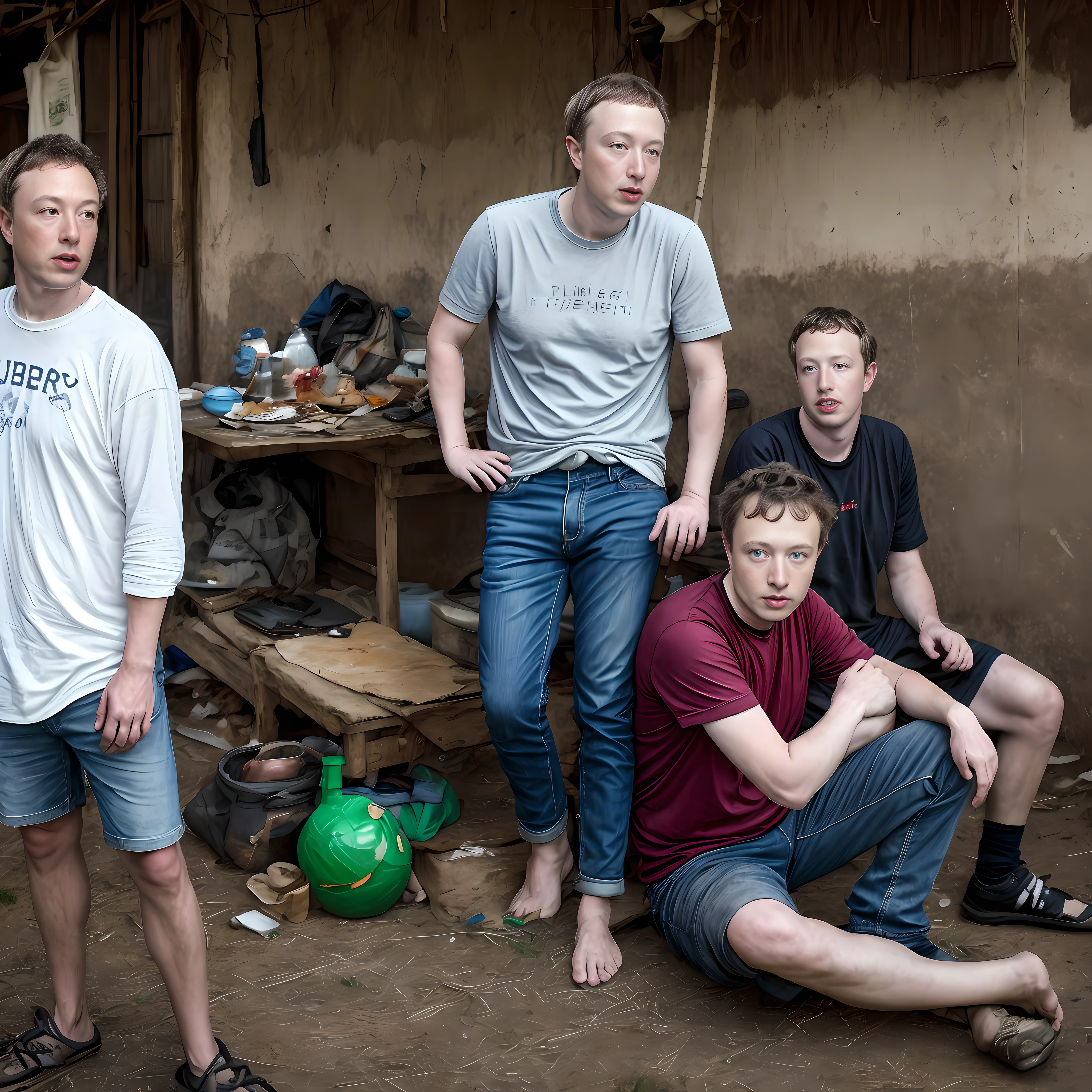 Elon musk and Mark Zuckerberg completely drunk living in poverty in the interior of Brazil, 8k, RAW photo, masterpiece, realistic, realism, ultra realistic, incredibly real, perfection in detail, clarity of context, perfect image, super realistic photo.
