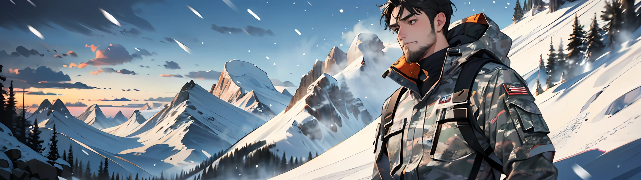 "(Ultra High Quality)", (Ultra High Definition), (Superb Masterpiece), (Wearing Grey Camouflage Jumpsuits), (Short-haired Black-haired Young Man: 1.3), Beard, ((Scenery) Snowy Mountain Peak, Snowstorm), (Bust Shot: 1.3), (Long Shot)"