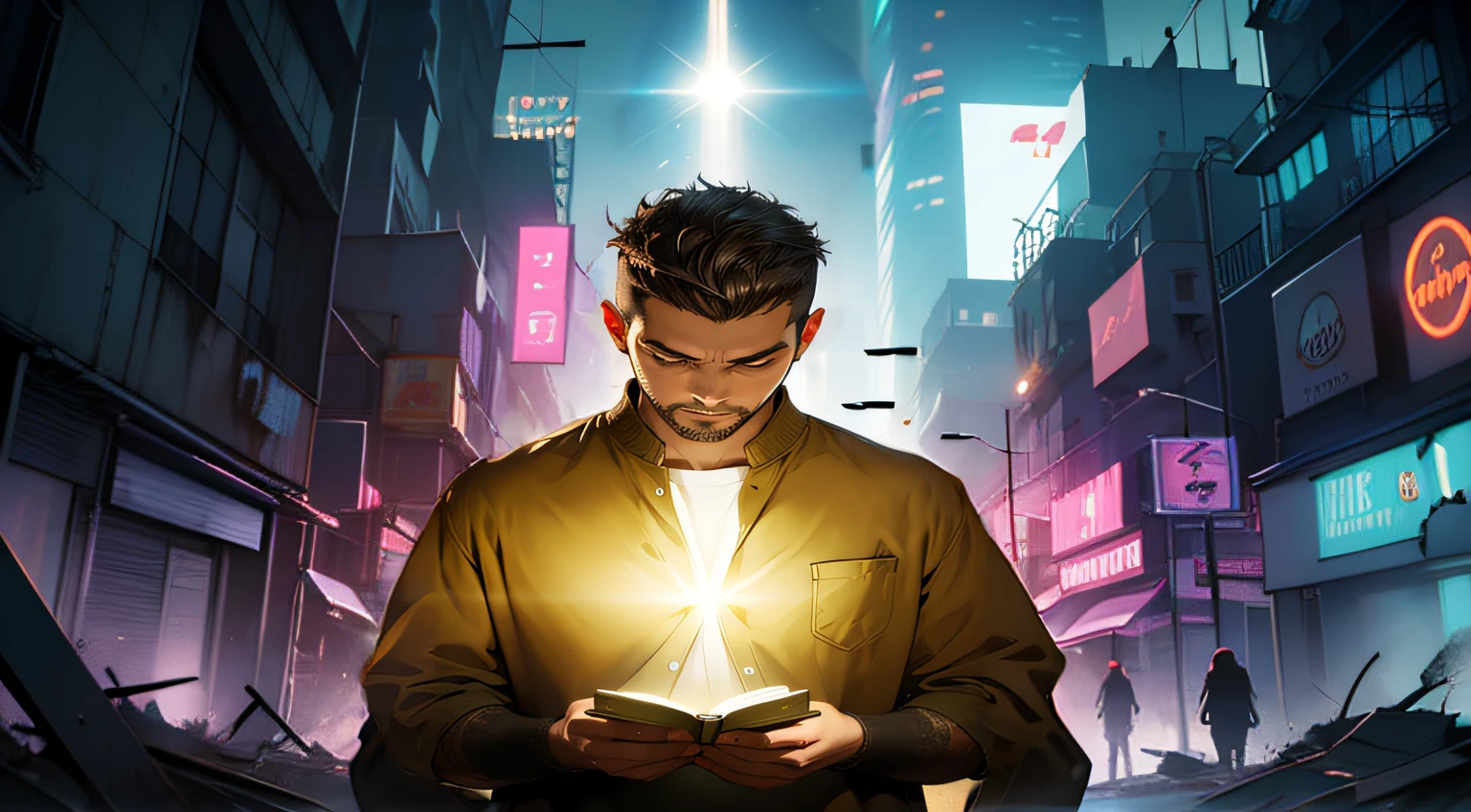 City in ruins, futuristic, dark but with neon. (neon) (dark style) (scary) (demonic)