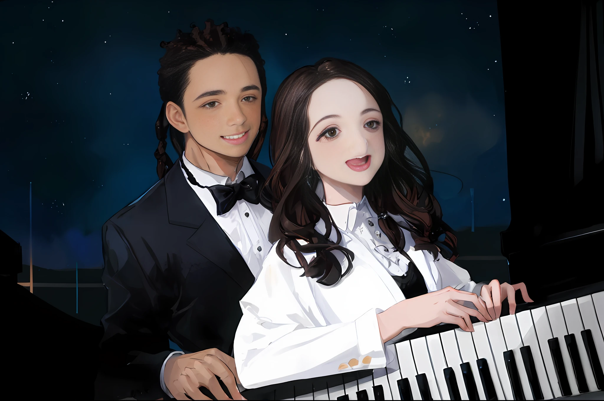 Masterpiece, there is a black man with long black dreadlocks and a white woman with brown hair, both smile, piano at the front, music notes on the background, stars are shining, happy couple, music, musicians