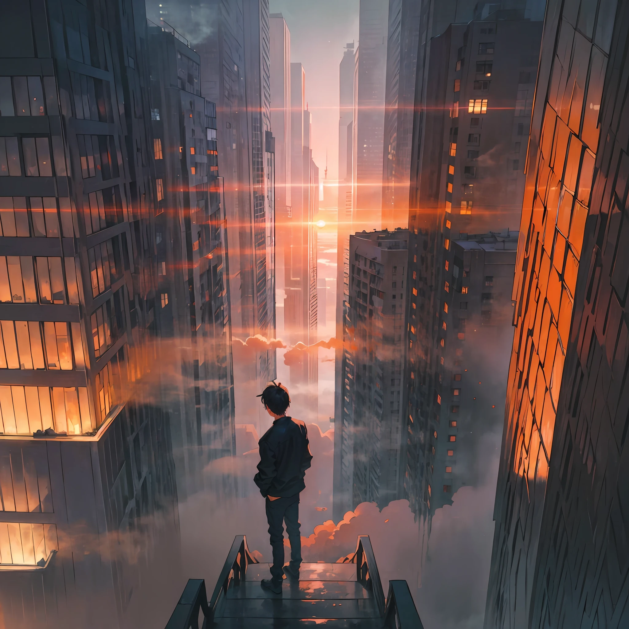 Masterpiece, best quality, 1boy, flat color, limited palette, low contrast, (ligne claire), long straight black hair, looking away, standing. smoke, night sky, city, sunset, skyscrapers, bridge, depth of field, black, red, orange, brown, autumn, fog, cover for video on YouTube. Lofi, futuristic city --auto