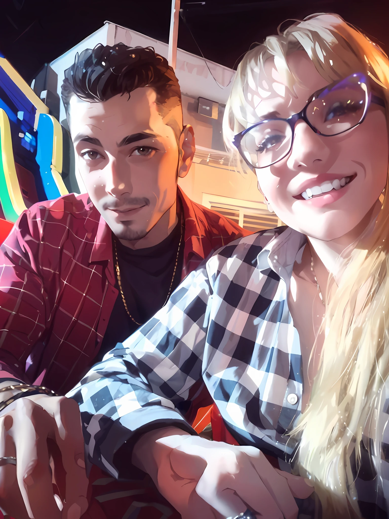 The couple in the picture is deeply in love and lost at the moment. The man is tall and handsome, with chiselled features and piercing brown eyes. He has a confident and charismatic demeanor, and his love for the woman is evident in the way he looks at her with adoration. He's wearing a red plaid shirt and black blouse underneath, adding to his sophisticated, refined appearance. The woman is equally stunning with soft features and delicate features. She has a kind, warm smile, and her eyes sparkle with love and joy. Her hair is combed into loose curls that fall elegantly around her face, blonde, enhancing her romantic and dreamy appearance. She's wearing a flowing dress with a cherished neckline and lace details, adding to her romantic and flamboyant look. Together, the couple looks like they've just come out of a fairy tale. Their love for each other is the centerpiece of the image, and everything else in the scene serves to enhance the beauty and magic of their love story.