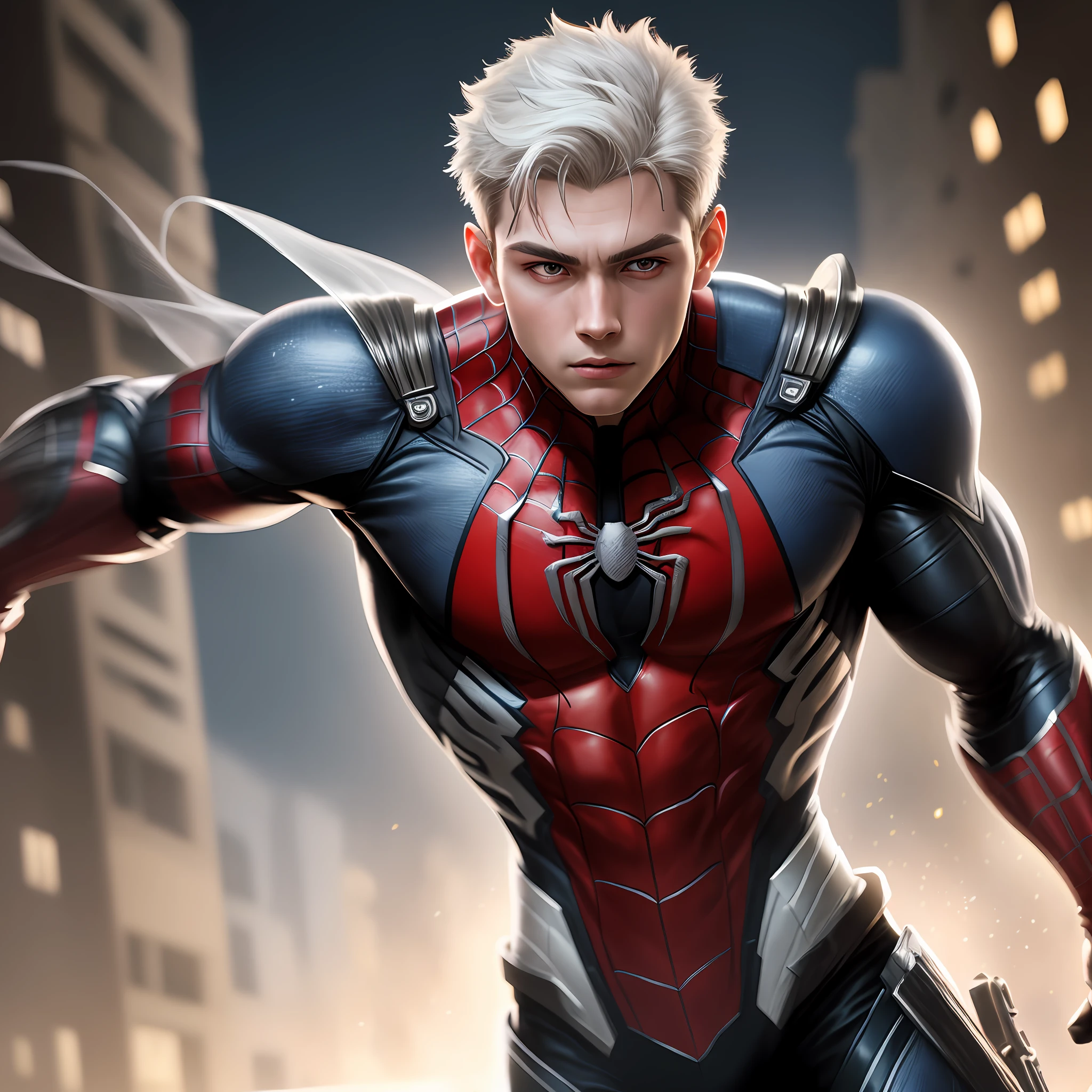 Boy, 6 , white, little hair, like spider boy8k, high resolution, detailed face, detailed face, detailed eyes, detailed costume, Marvel and DC style, hyper-realistic, + cinematic shooting + dynamic composition, incredibly detailed, sharp, detailed + superb details + night with light + perfectionism + award-winning realism