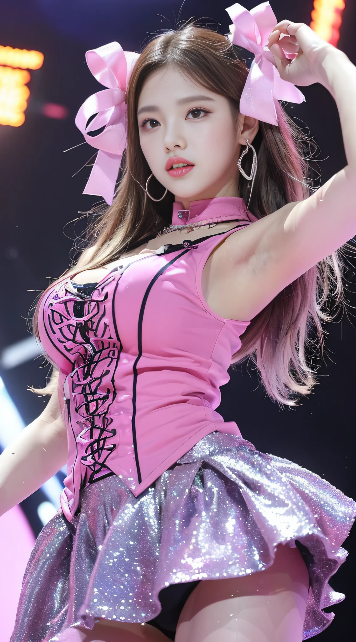 Girl's Body Set ((1 Girl: 18 years old (K-pop Idol)) (Heart) ((I'm on stage (live)) Angle from below: Low angle, super tight, Inner: Costume skyline, badge, name tag, pink ribbon, sweaty