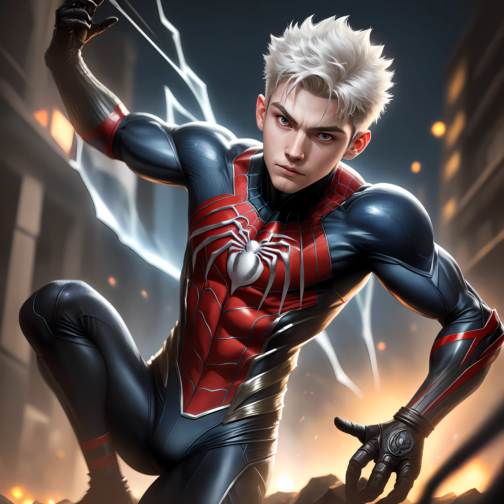 Boy, 6 , white, little hair, like spider boy8k, high resolution, detailed face, detailed face, detailed eyes, detailed costume, Marvel and DC style, hyper-realistic, + cinematic shooting + dynamic composition, incredibly detailed, sharp, detailed + superb details + night with light + perfectionism + award-winning realism