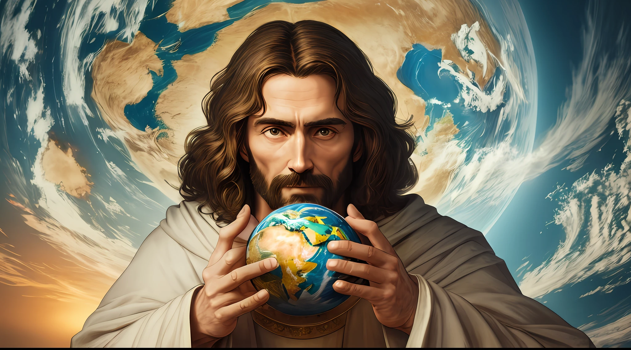 "Realistic 8k masterpiece with perfect anatomy: Jesus Christ holding planet Earth in one hand, with an undeformed face."