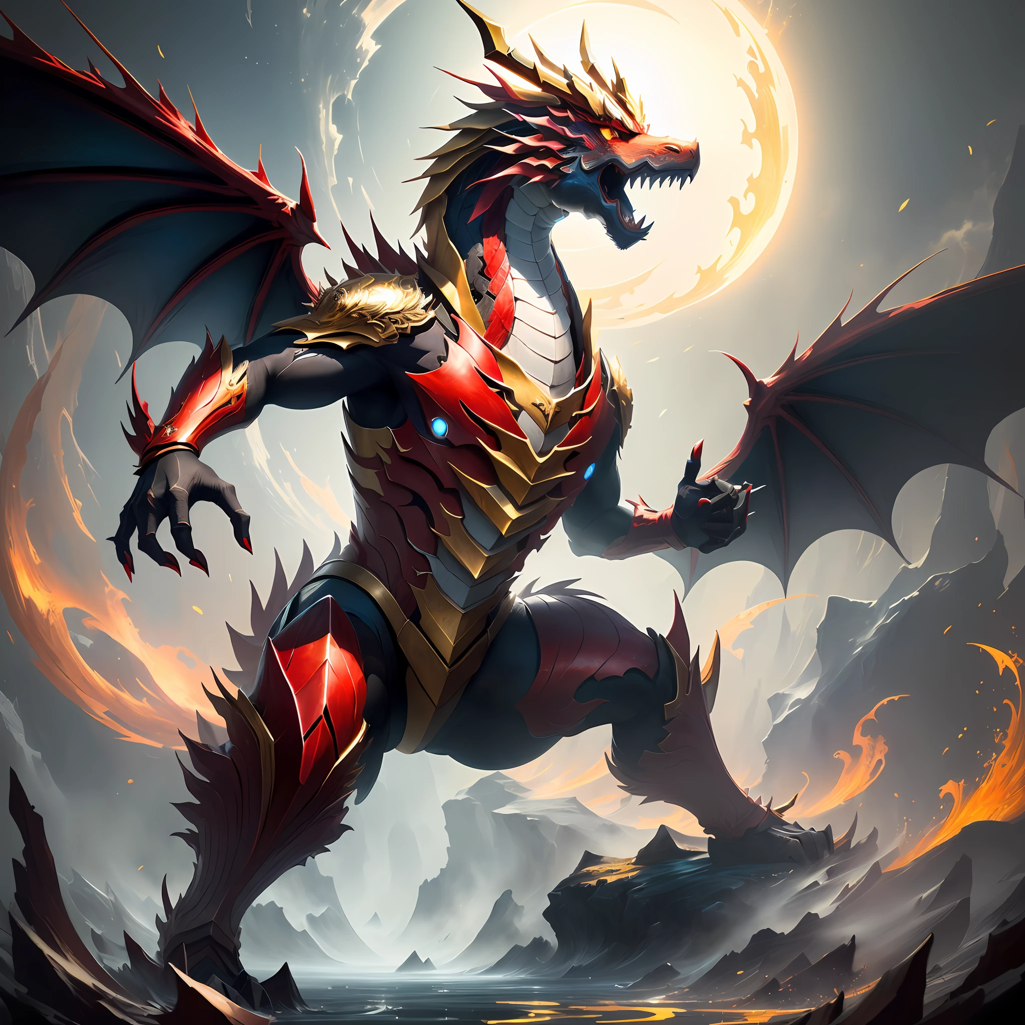 Origami dragon, masterpiece, fierce look, liquid metal, red and gold primary color