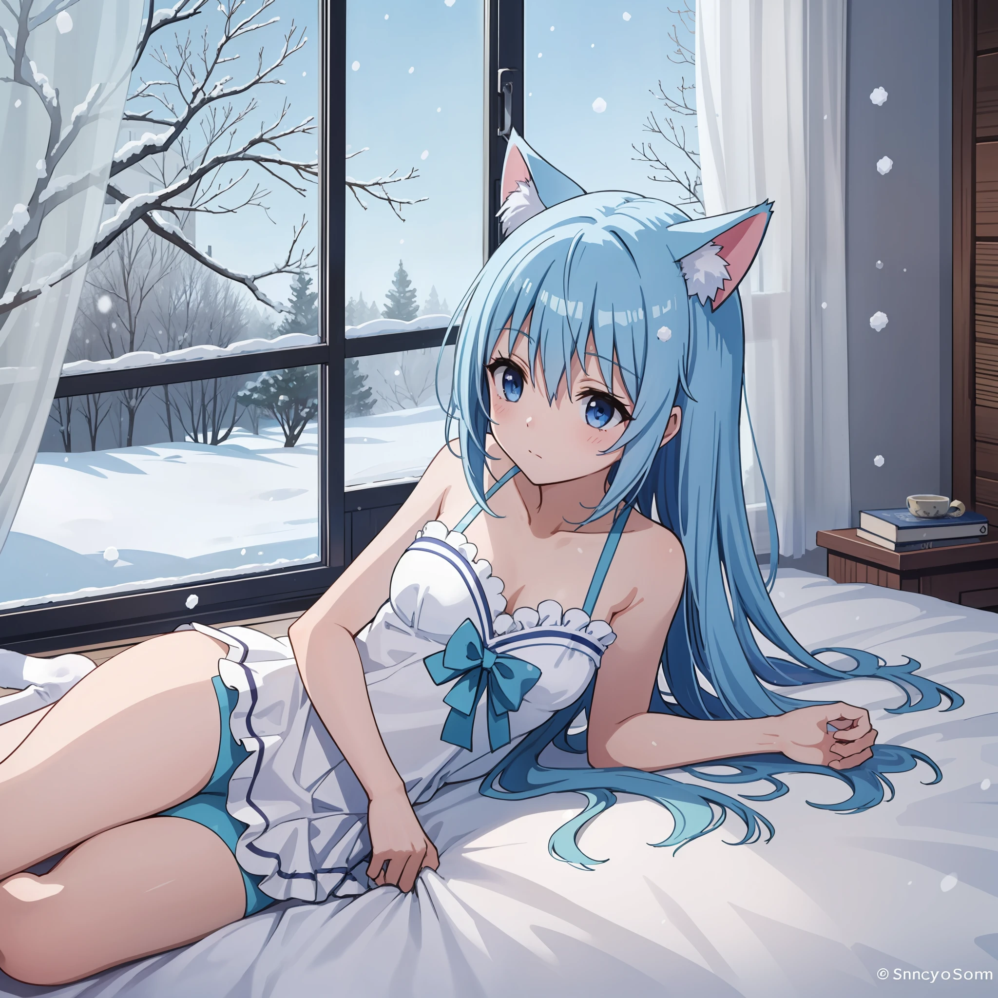 Light blue hair, anime_aqua_konosuba, shoujo, sanctuary, light blue cat ears, blue witch costume, snowing at the window, lying on the blue bed, blue eyes, snow, white socks