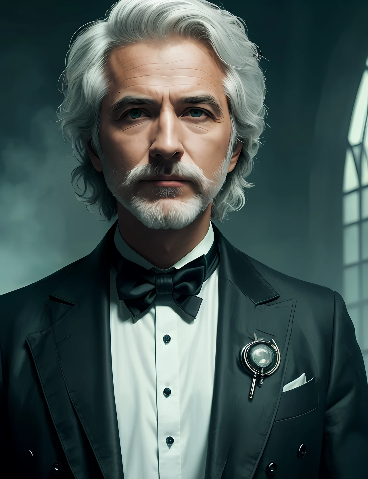 Man white hair hat dark skin young suit red eyes