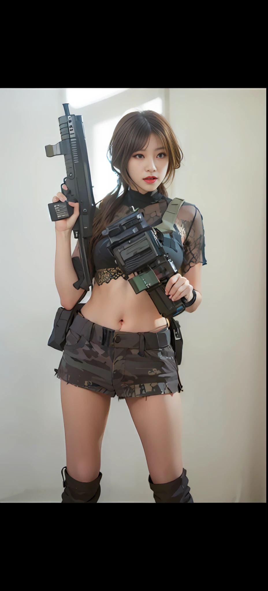 a close up of a woman holding a gun and wearing a short skirt, bikini + tattered military gear, mechanized soldier girl, quiet from metal gear solid, inspired by Leng Mei, with rifle, ready for combat, quiet from metal gear solid v, m4 sopmod ii girls frontline, with pistol, soldier girl, cyberpunk outfit, waist - shot